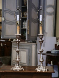 Pair of 19th Century French Silvered Copper Candlesticks Table Lamps