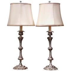 Pair of 19th Century French Silvered Copper Candlesticks Table Lamps
