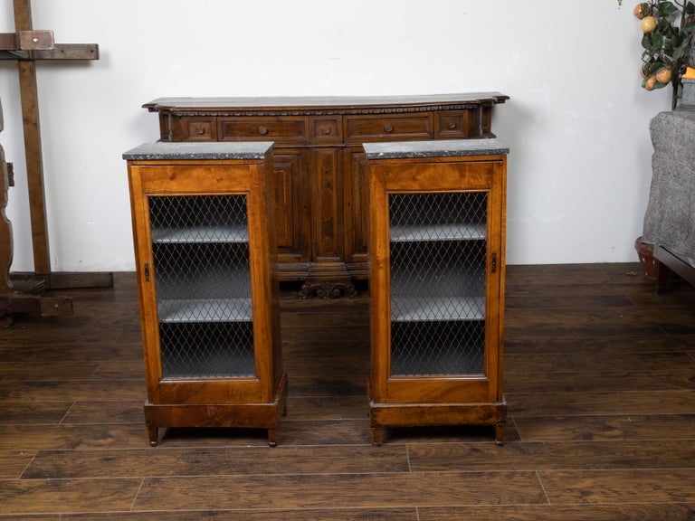 A pair of French small cabinets from the 19th century, with grey marble tops and chicken wire doors. Created in France during the 19th century, each of this pair of small cabinets features a rectangular variegated grey marble top sitting above a