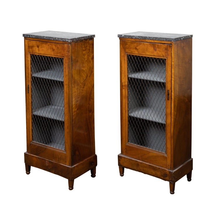 Pair of 19th Century French Small Cabinets with Marble Tops and Chicken Wire For Sale