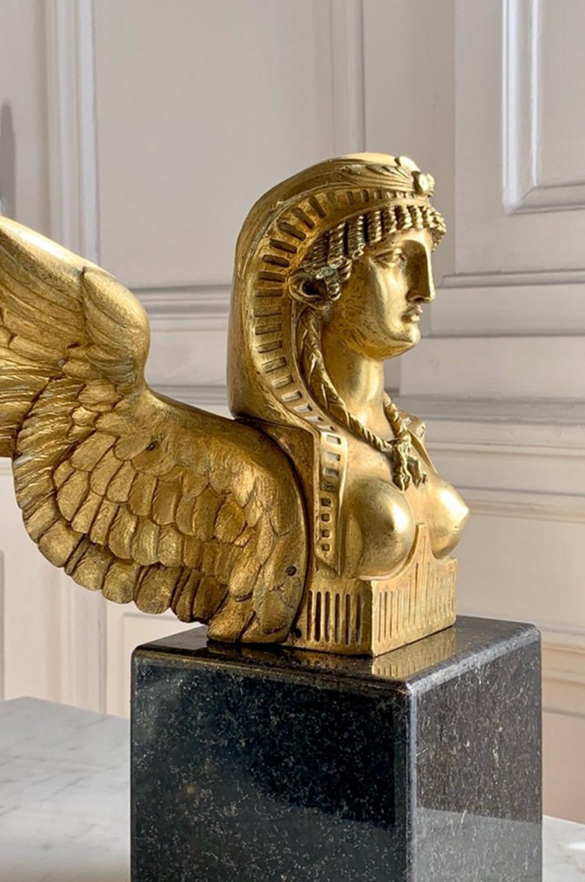 Baroque Pair of 19th Century French Solid Bronze Winged Sphinx on Marble Bases