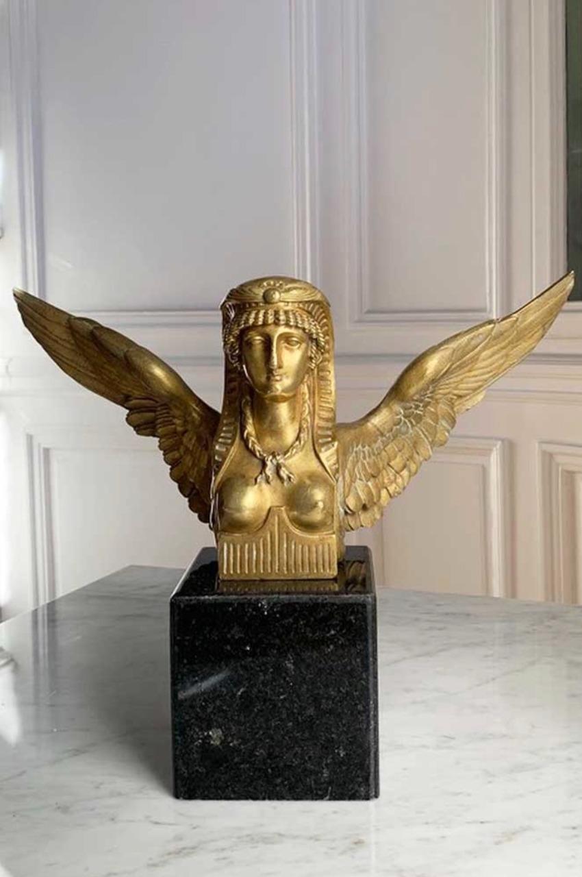 Pair of 19th Century French Solid Bronze Winged Sphinx on Marble Bases 1