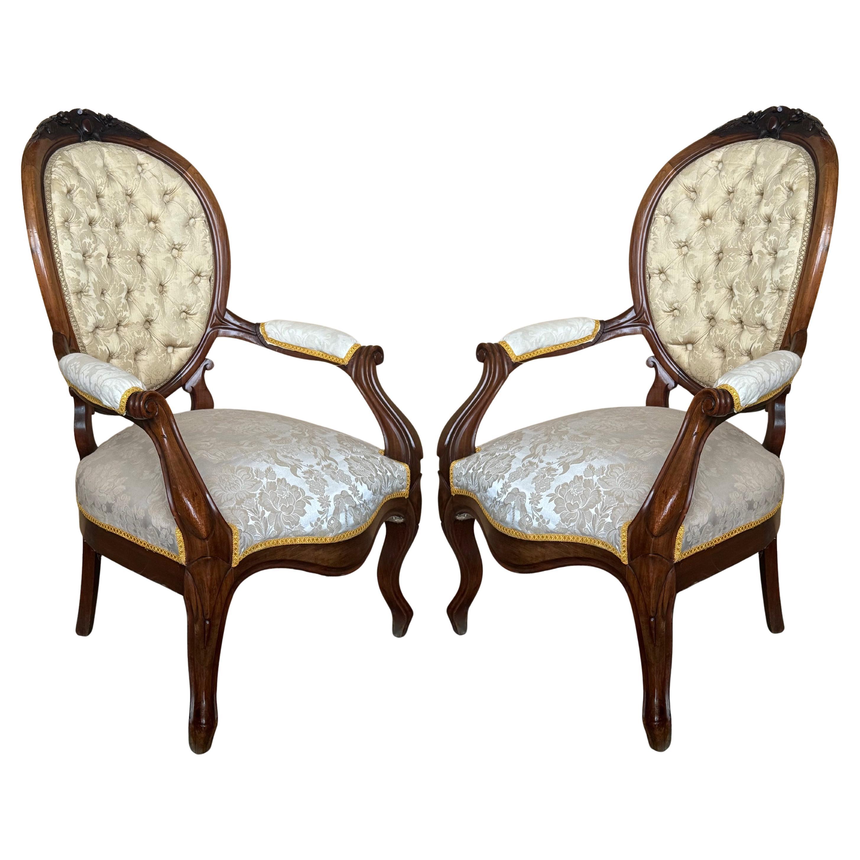 Pair of 19th Century French Solid Walnut Louis XVI Armchairs ~ Fauteuils
