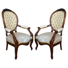 Pair of 19th Century French Solid Walnut Louis XVI Armchairs ~ Fauteuils