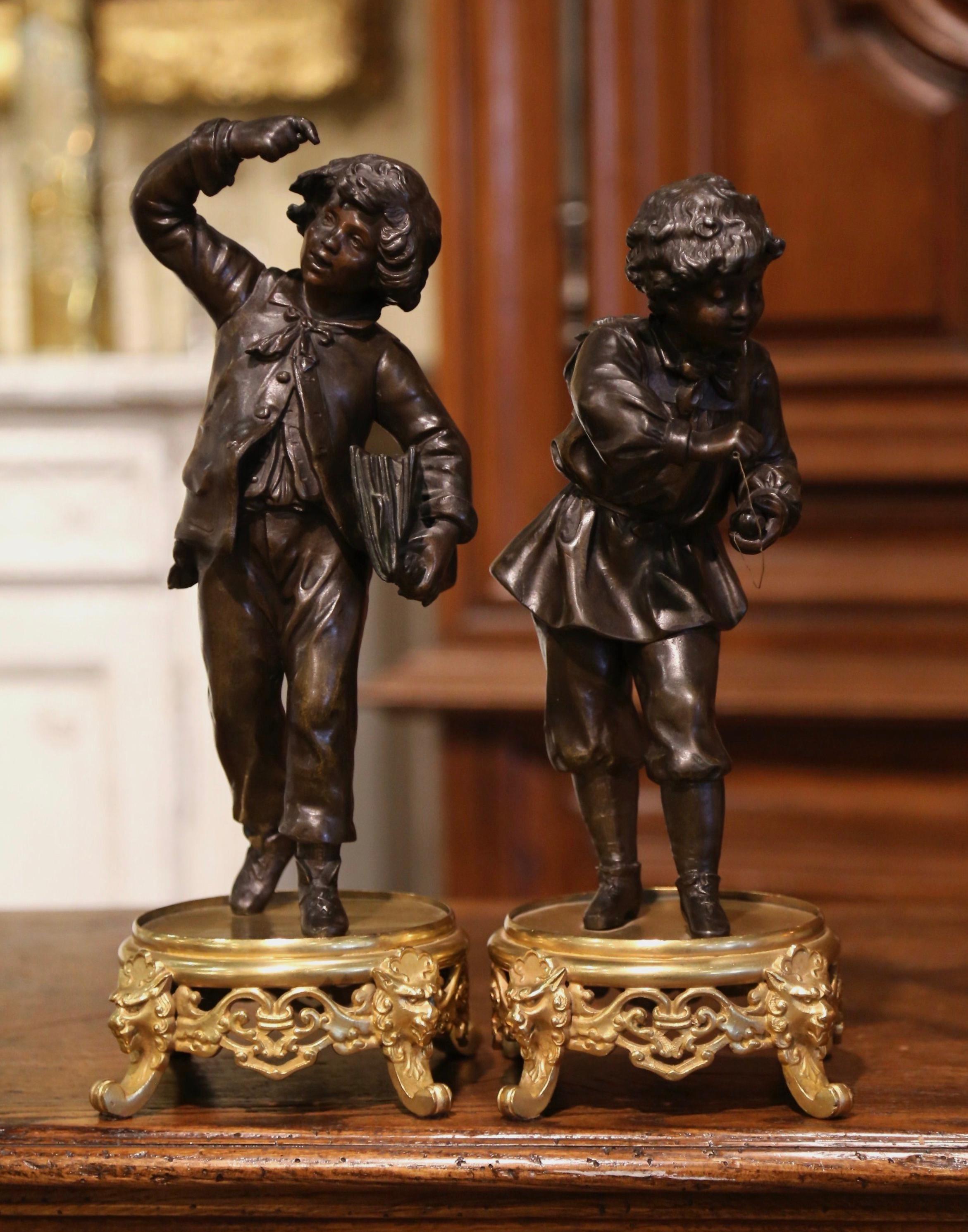 Pair of 19th Century French Spelter and Bronze Boy Figurative Sculptures For Sale 1
