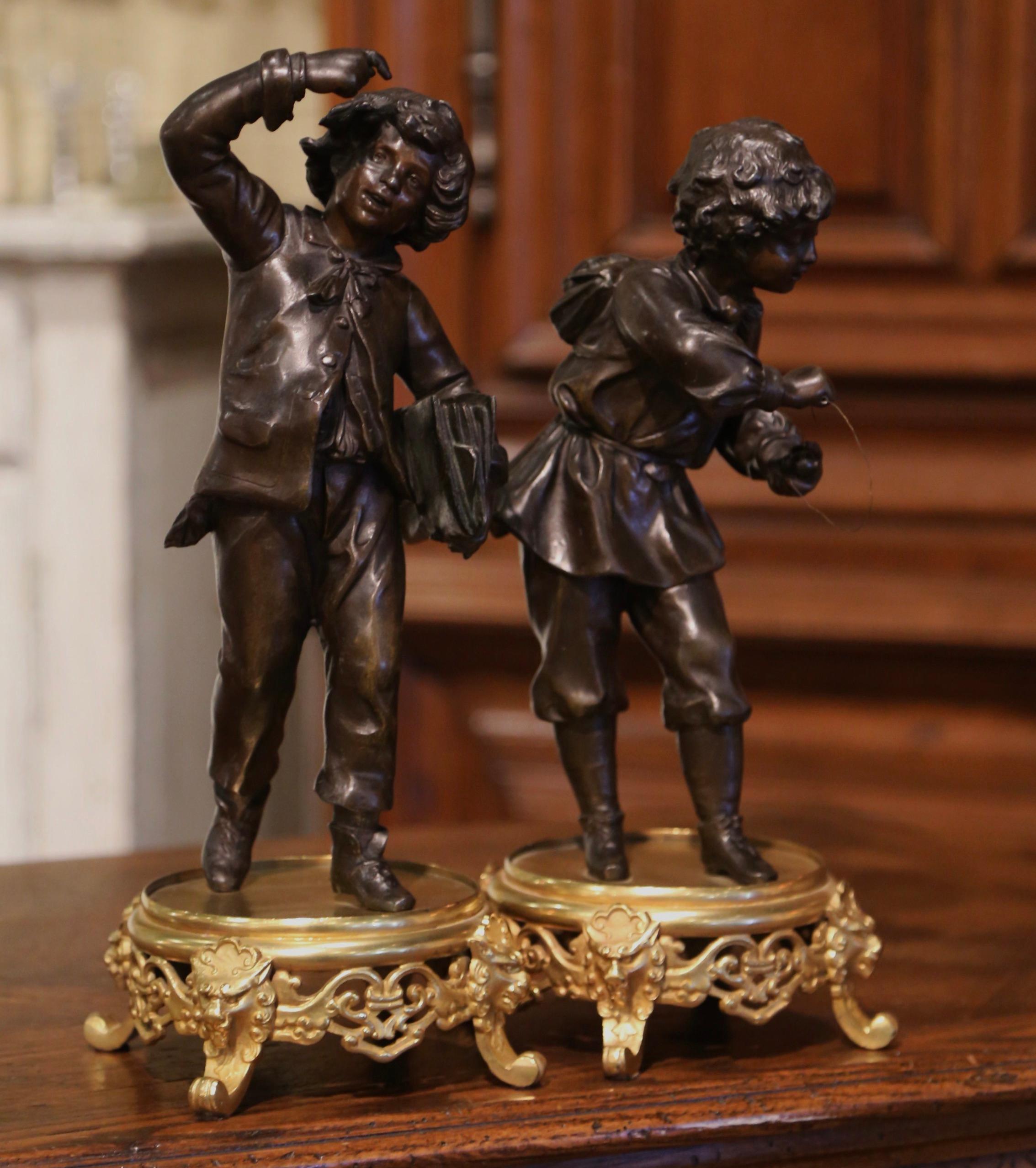 Pair of 19th Century French Spelter and Bronze Boy Figurative Sculptures For Sale 3