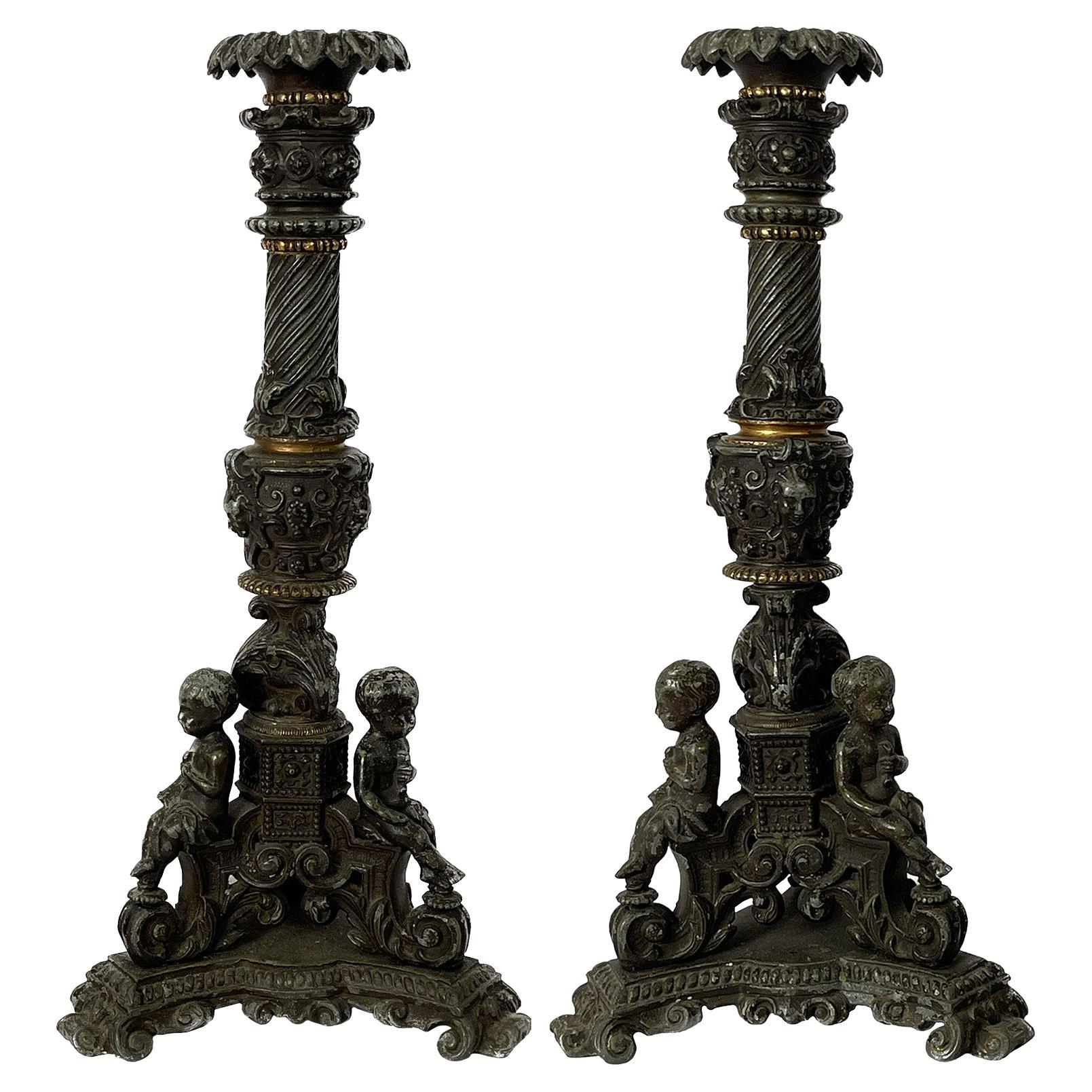 Pair of 19th Century French Spelter Candlesticks