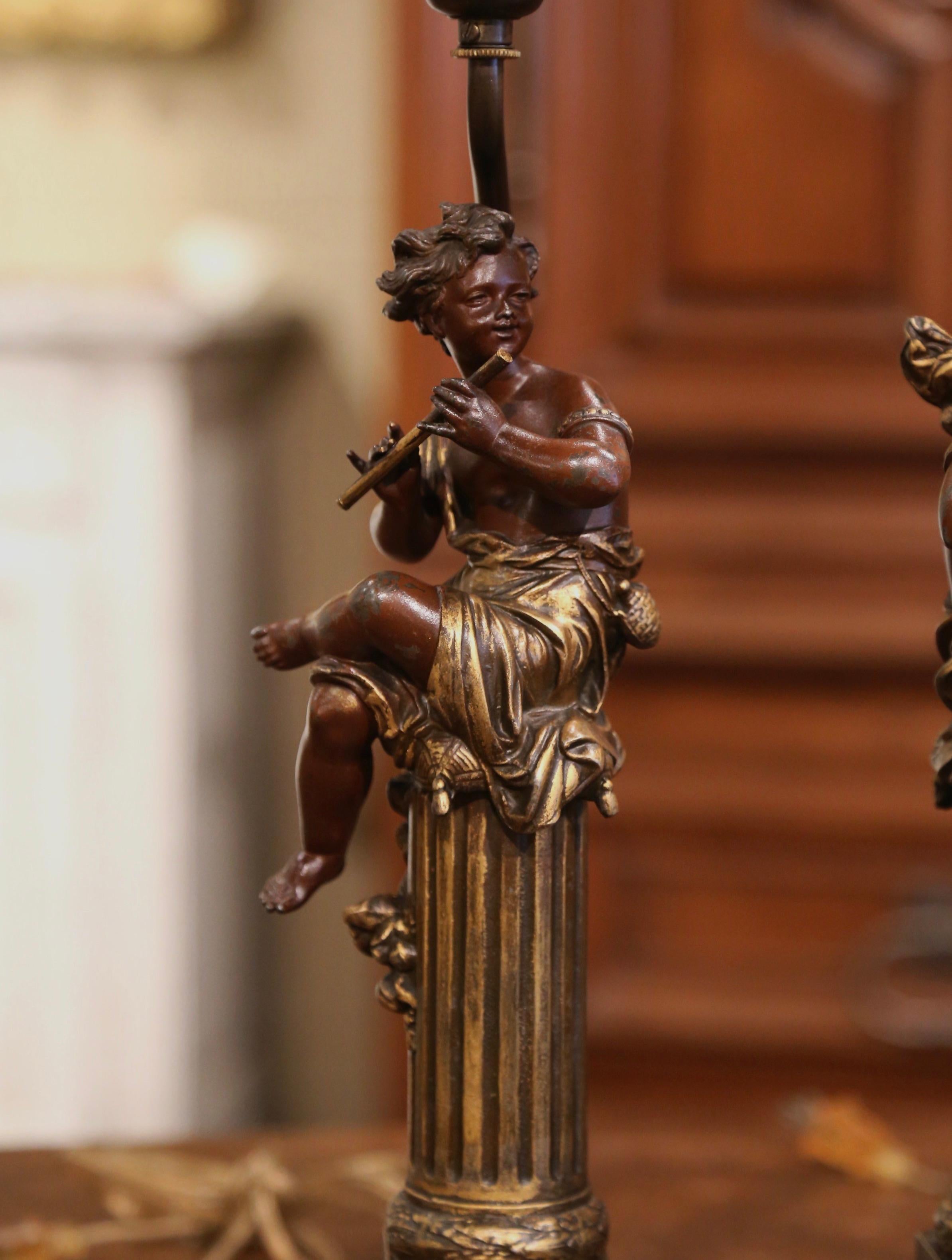 Pair of 19th Century French Spelter Cherub Musicians Table Lamps on Marble Bases 2