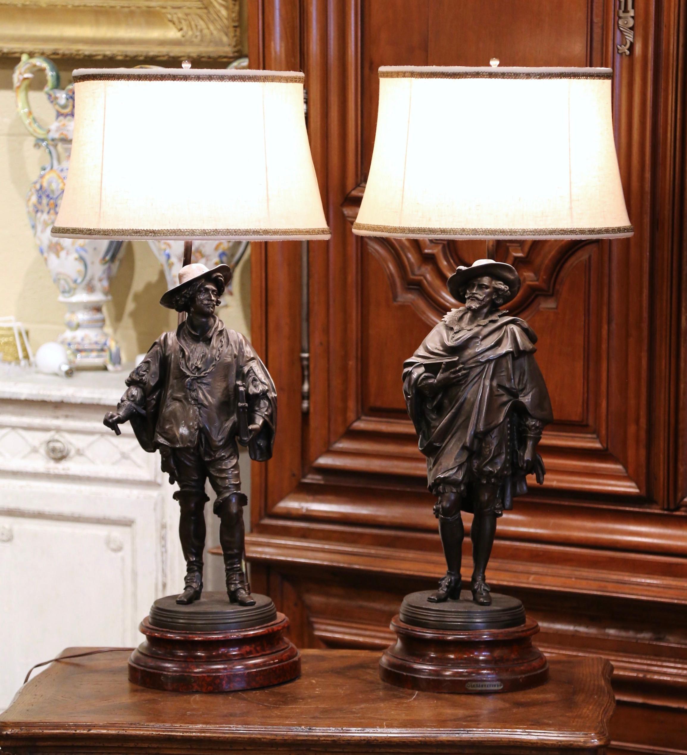 Patinated Pair of 19th Century French Spelter Renaissance Figures Made into Table Lamps