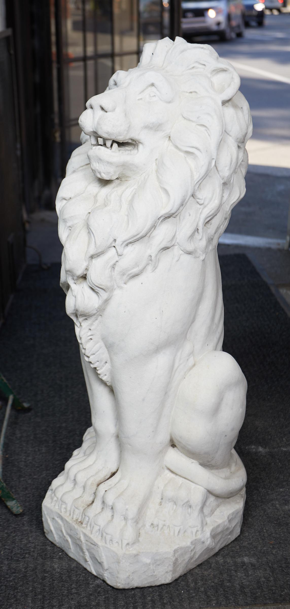Pair of  French statuary marble garden lions.