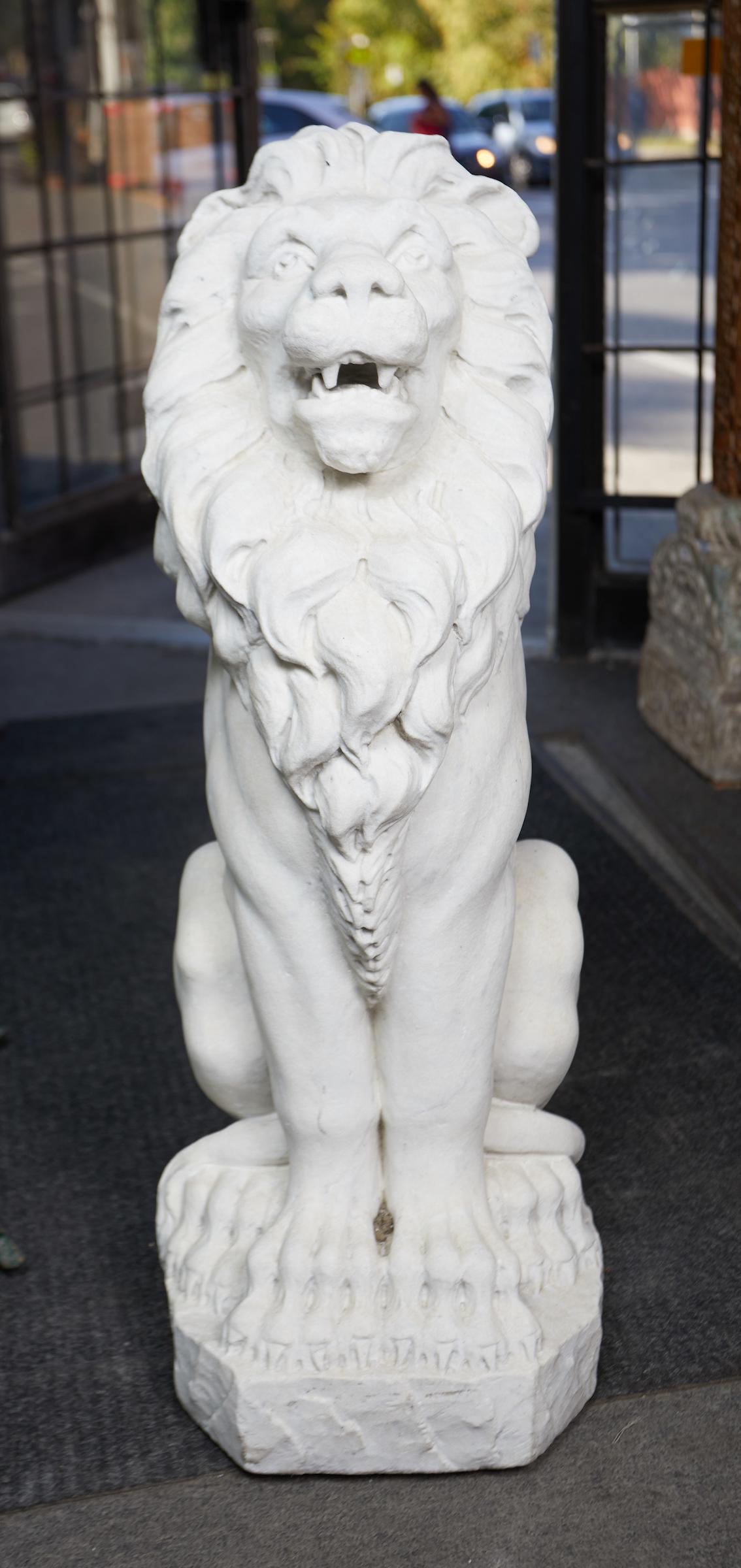 Hand-Carved Pair of French Statuary Marble Garden Lions For Sale
