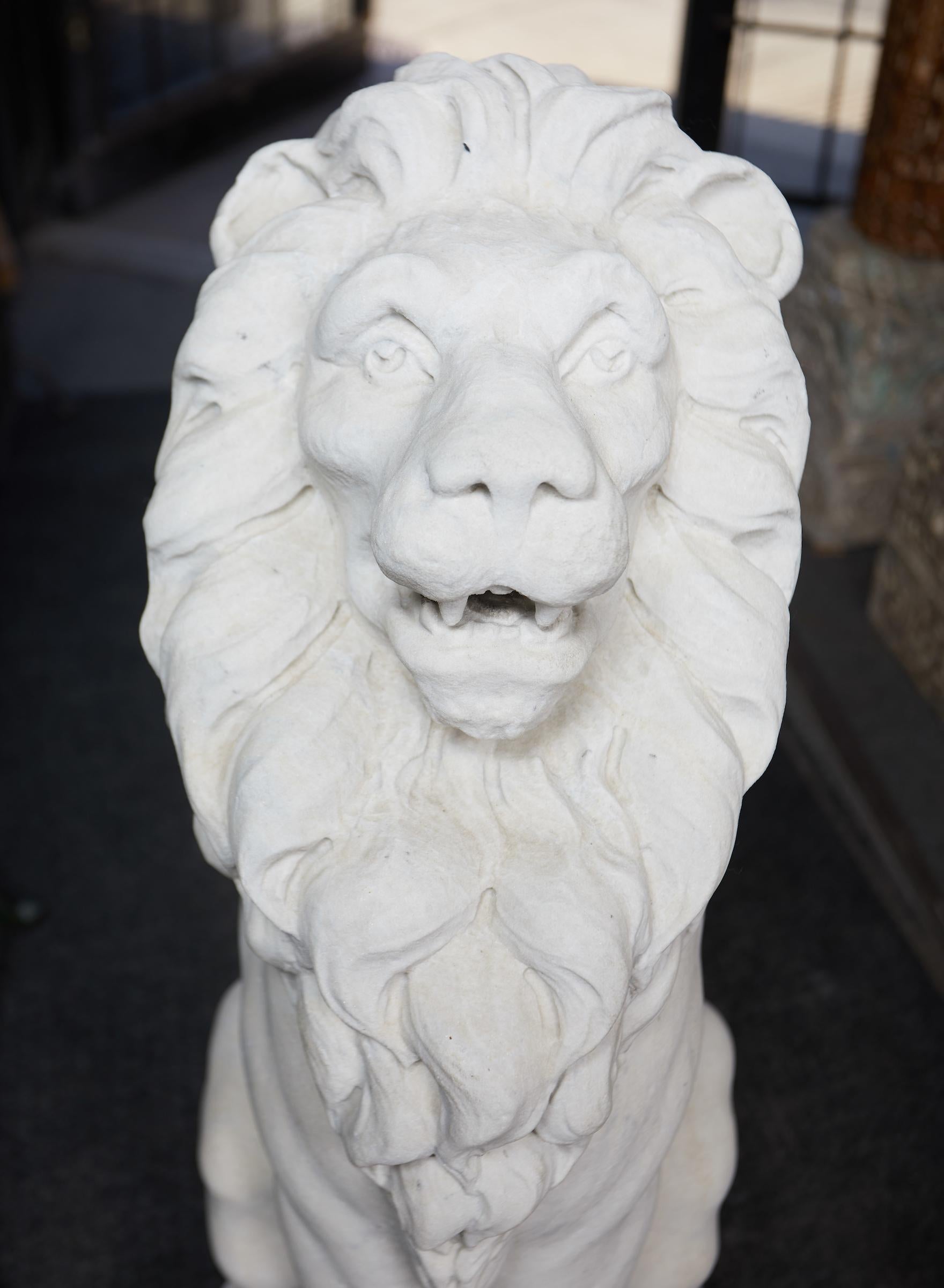 Pair of French Statuary Marble Garden Lions In Good Condition For Sale In Montreal, QC