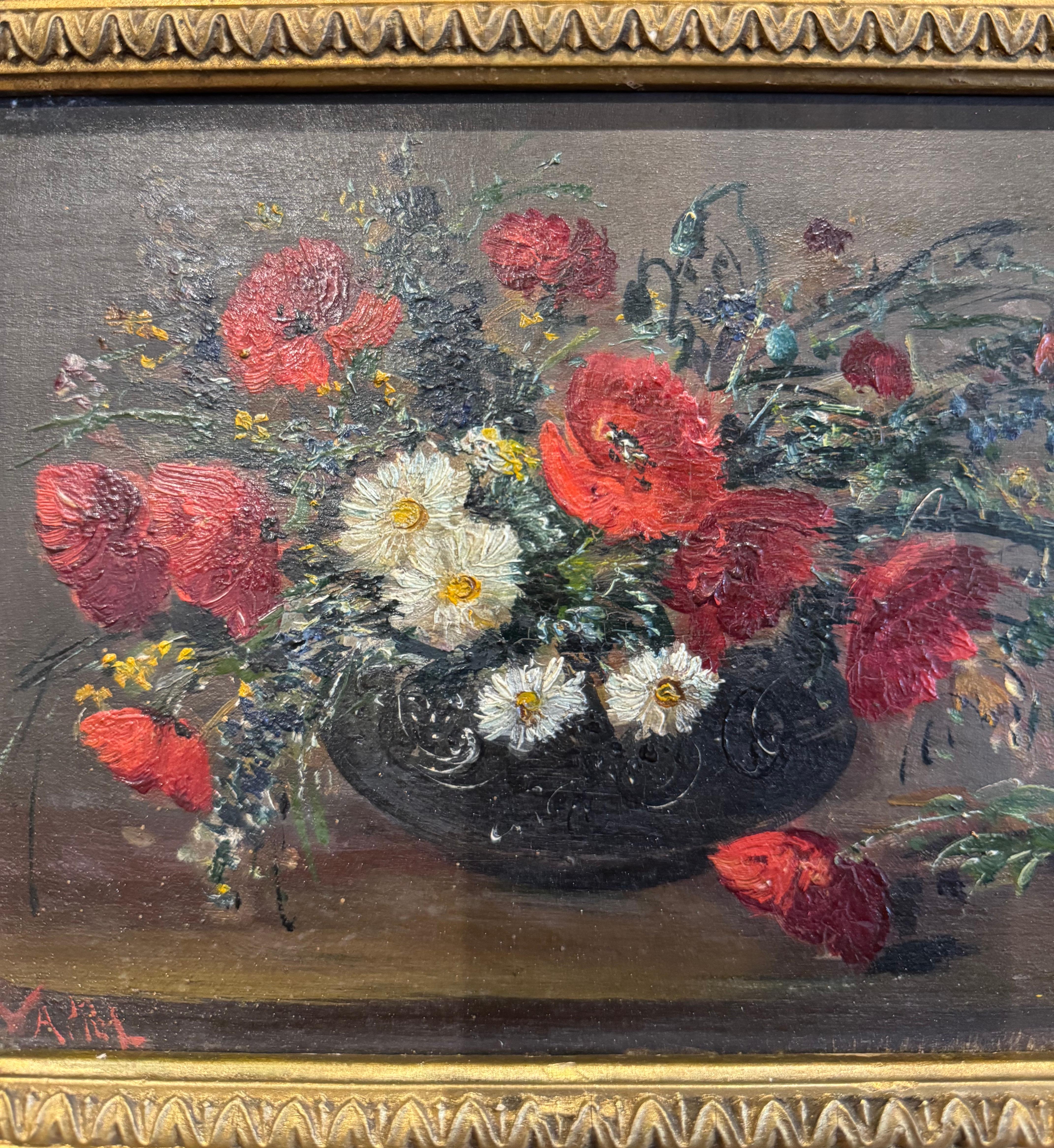 Paar französische Stillleben-Blumengemälde des 19. Jahrhunderts in geschnitzten vergoldeten Rahmen im Angebot 1