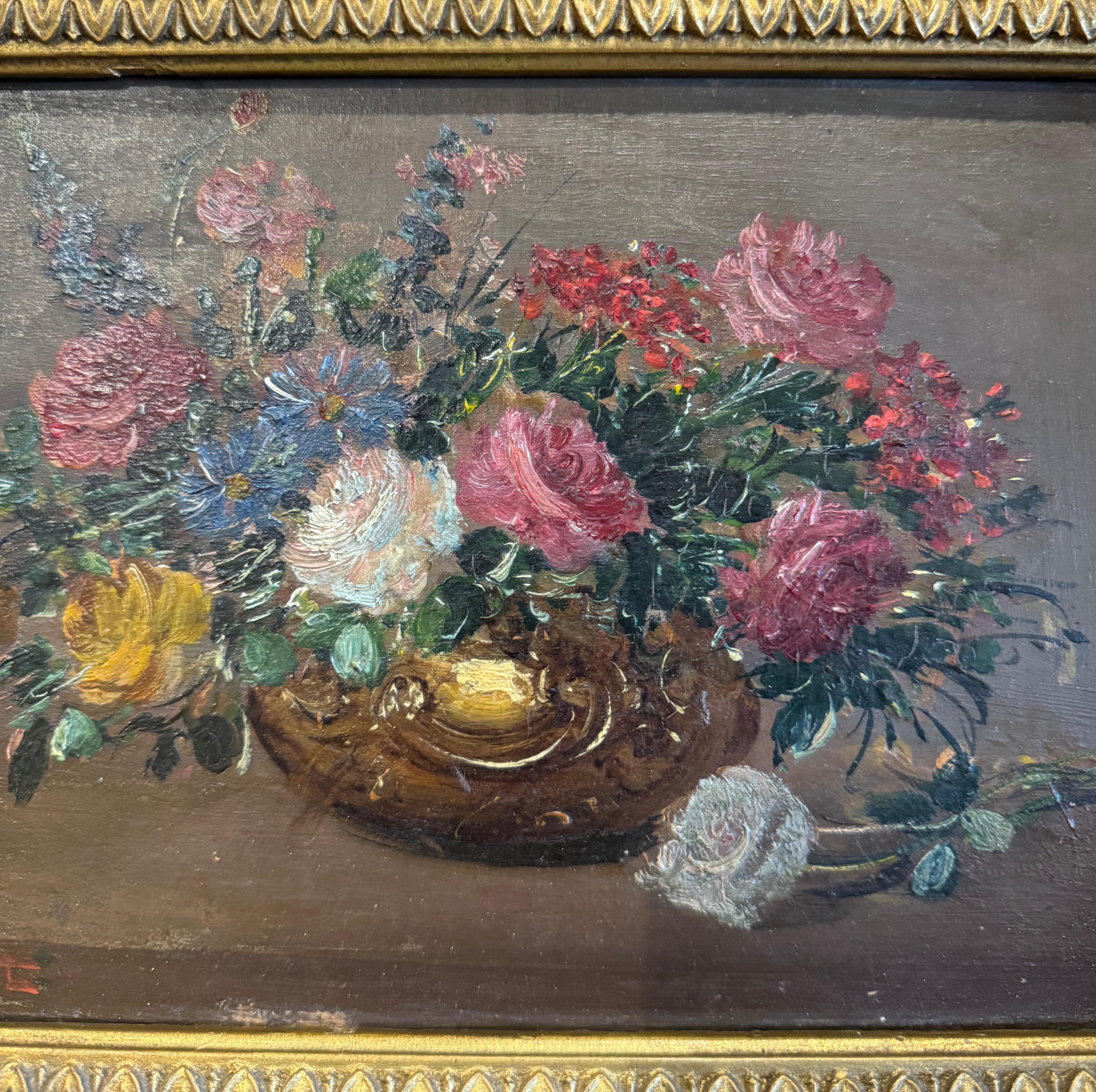 Paar französische Stillleben-Blumengemälde des 19. Jahrhunderts in geschnitzten vergoldeten Rahmen im Angebot 3