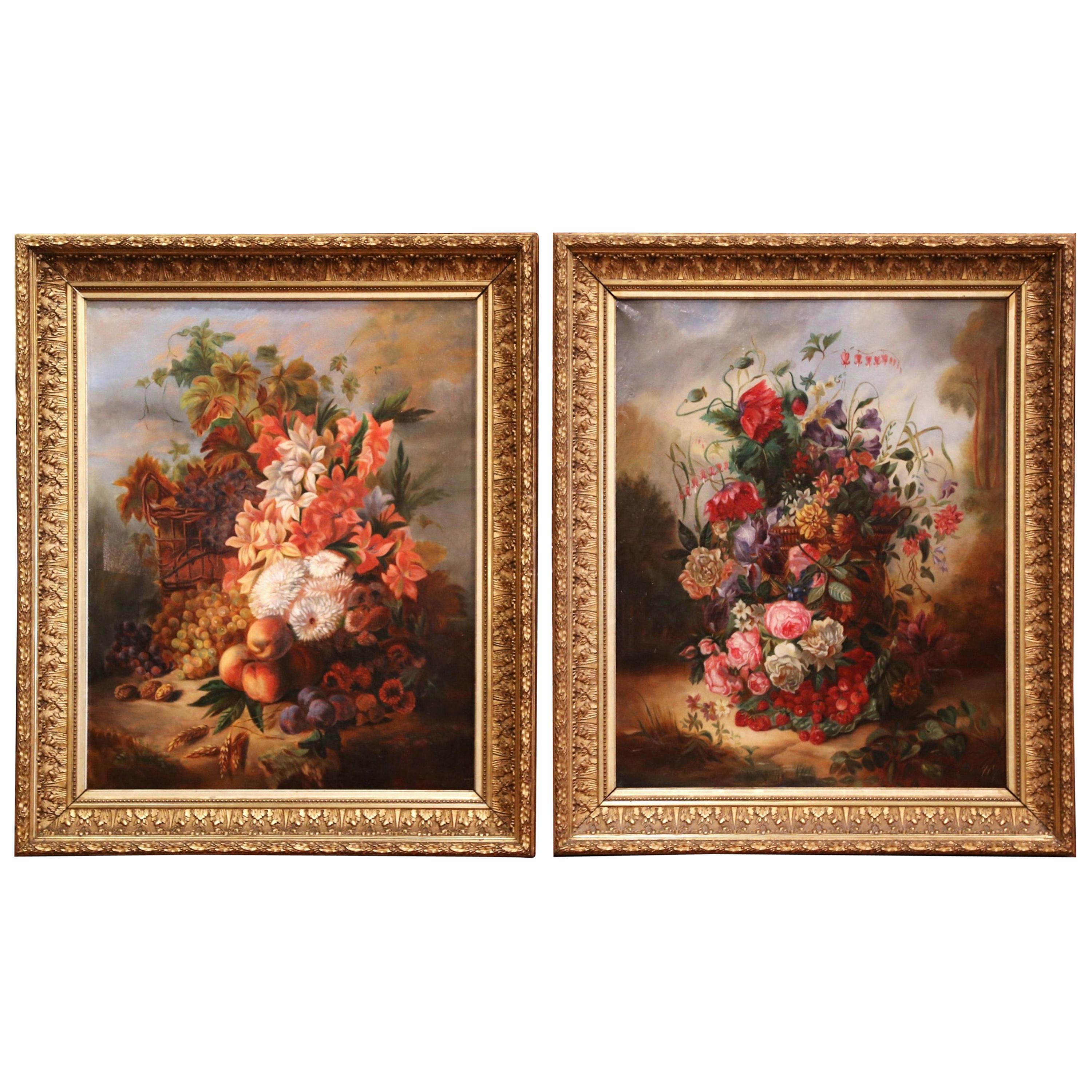 Pair of 19th Century French Still Life Flower Paintings in Gilt Frames For Sale