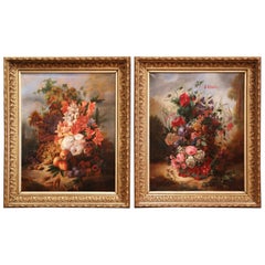 Antique Pair of 19th Century French Still Life Flower Paintings in Gilt Frames