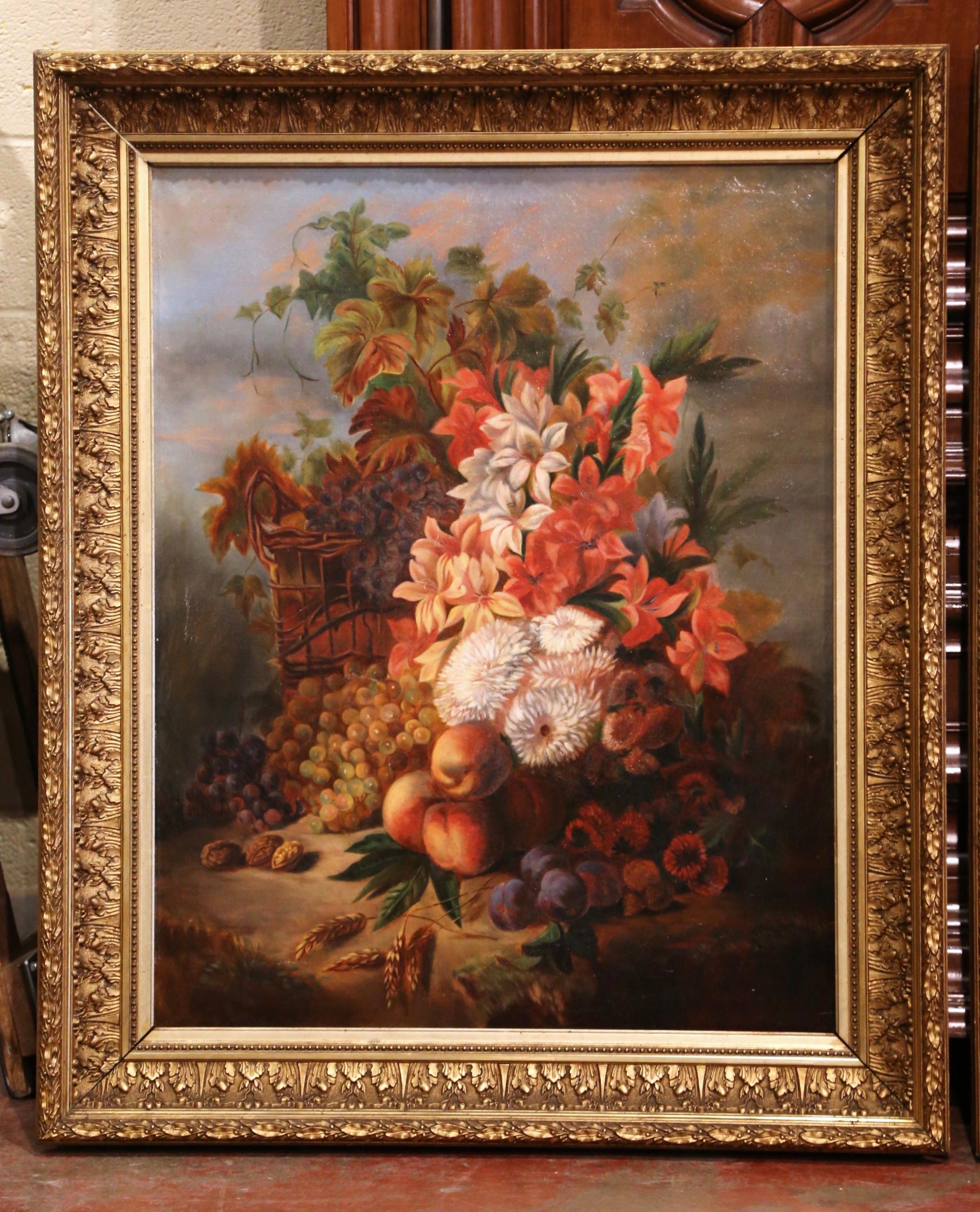 Carved Pair of 19th Century French Still Life Flower Paintings in Gilt Frames For Sale