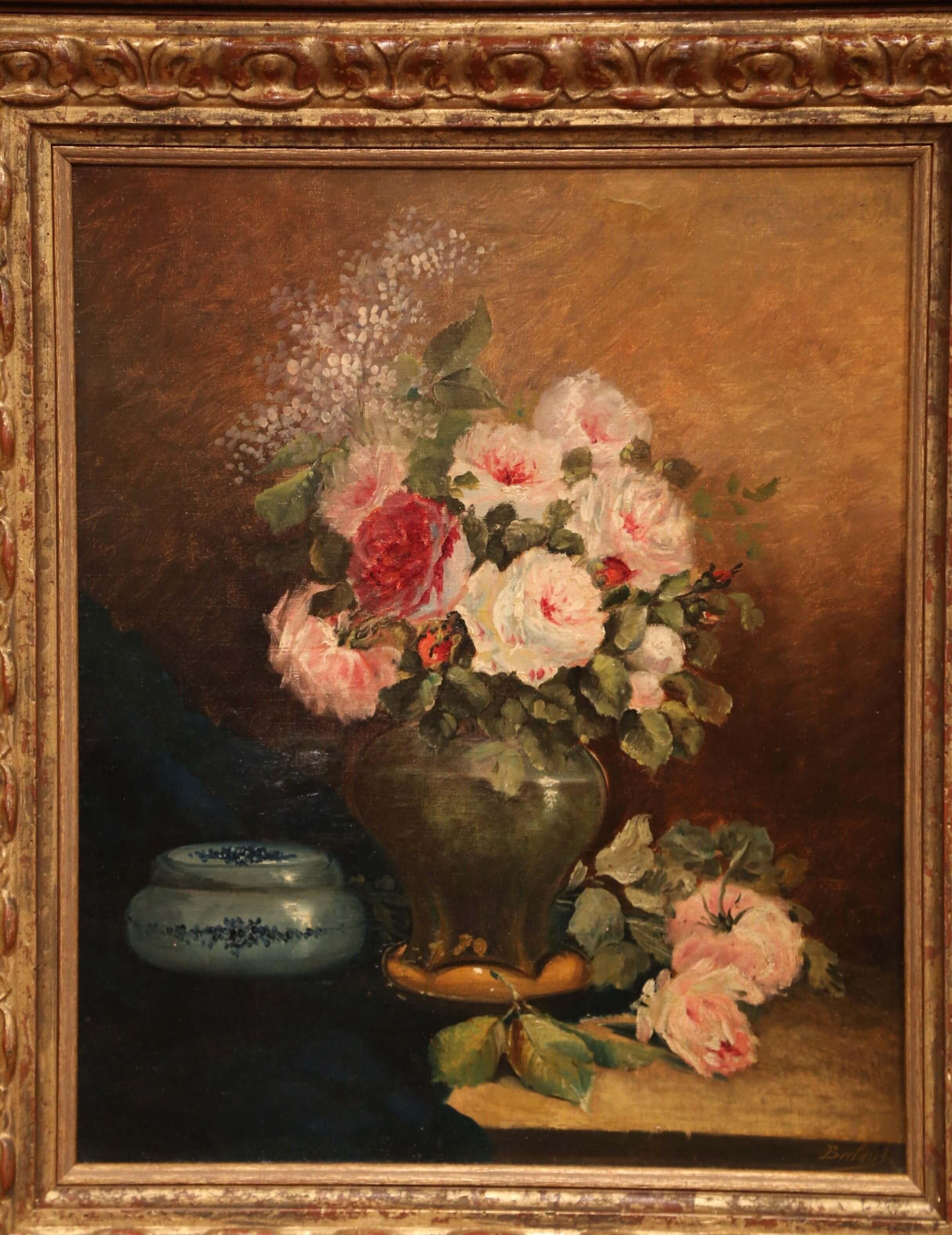 Pair of 19th Century French Still Life Flower Paintings in Gilt Frames Signed In Excellent Condition In Dallas, TX