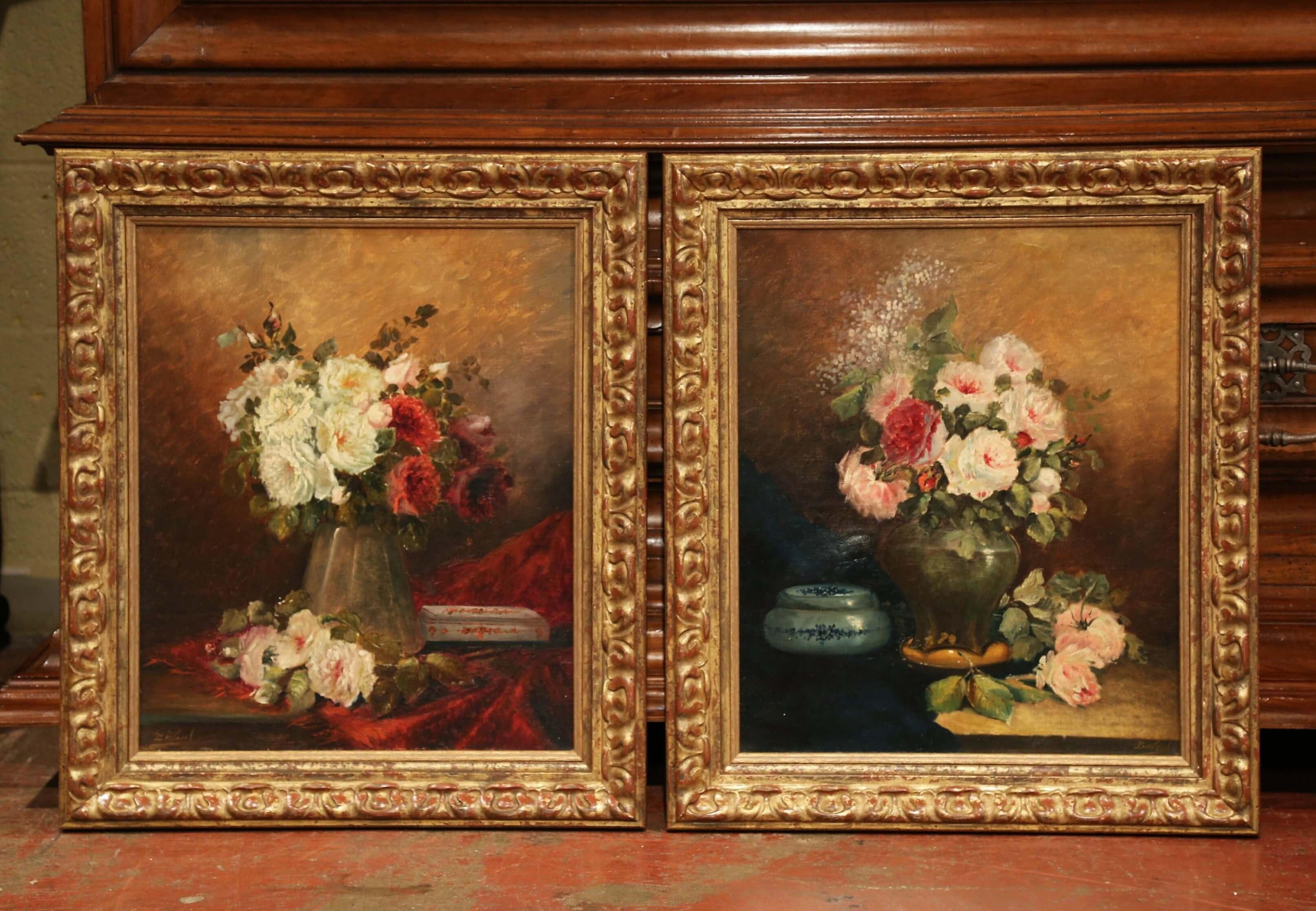 Canvas Pair of 19th Century French Still Life Flower Paintings in Gilt Frames Signed