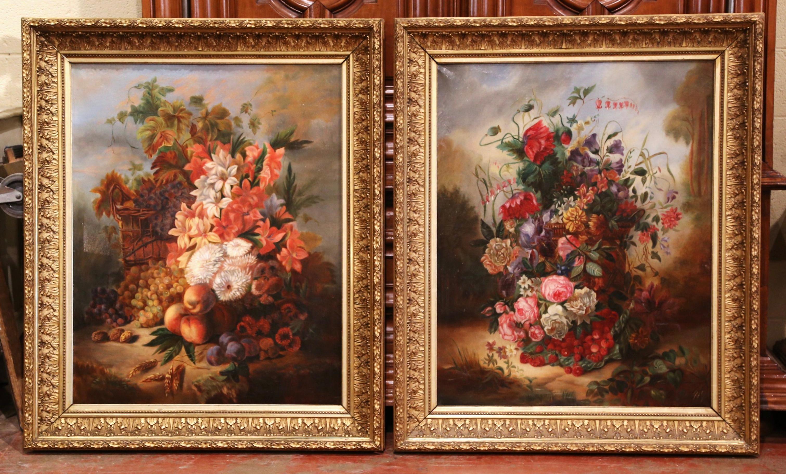 Canvas Pair of 19th Century French Still Life Flower Paintings in Gilt Frames For Sale