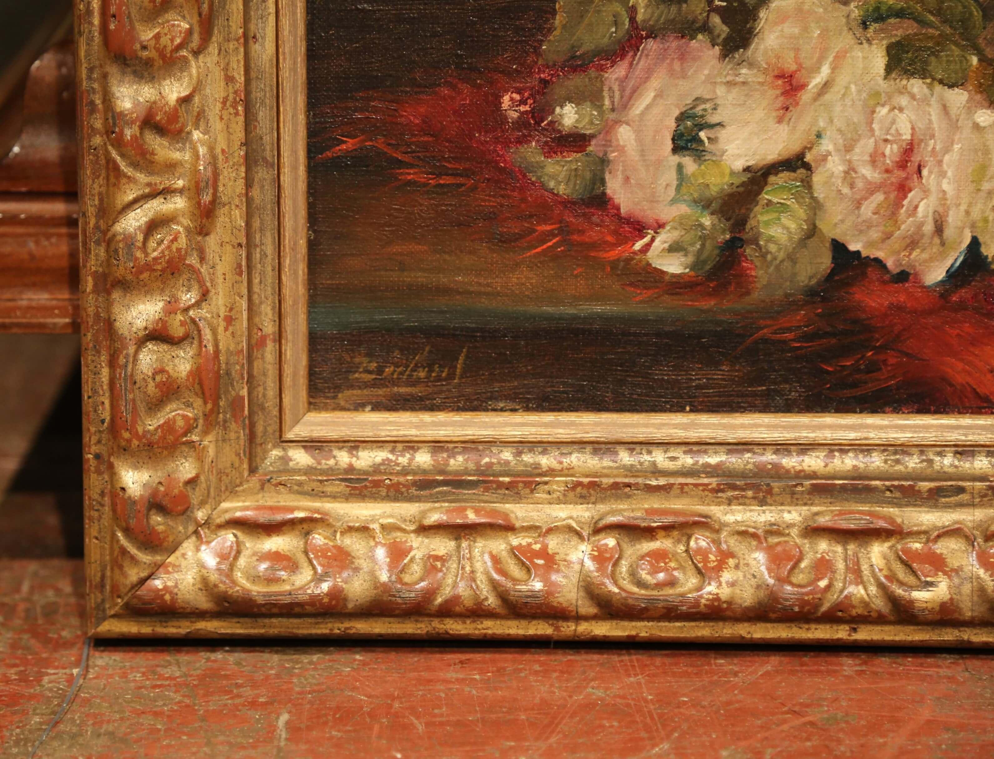 Pair of 19th Century French Still Life Flower Paintings in Gilt Frames Signed 1