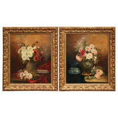 Pair of 19th Century French Still Life Flower Paintings in Gilt Frames Signed