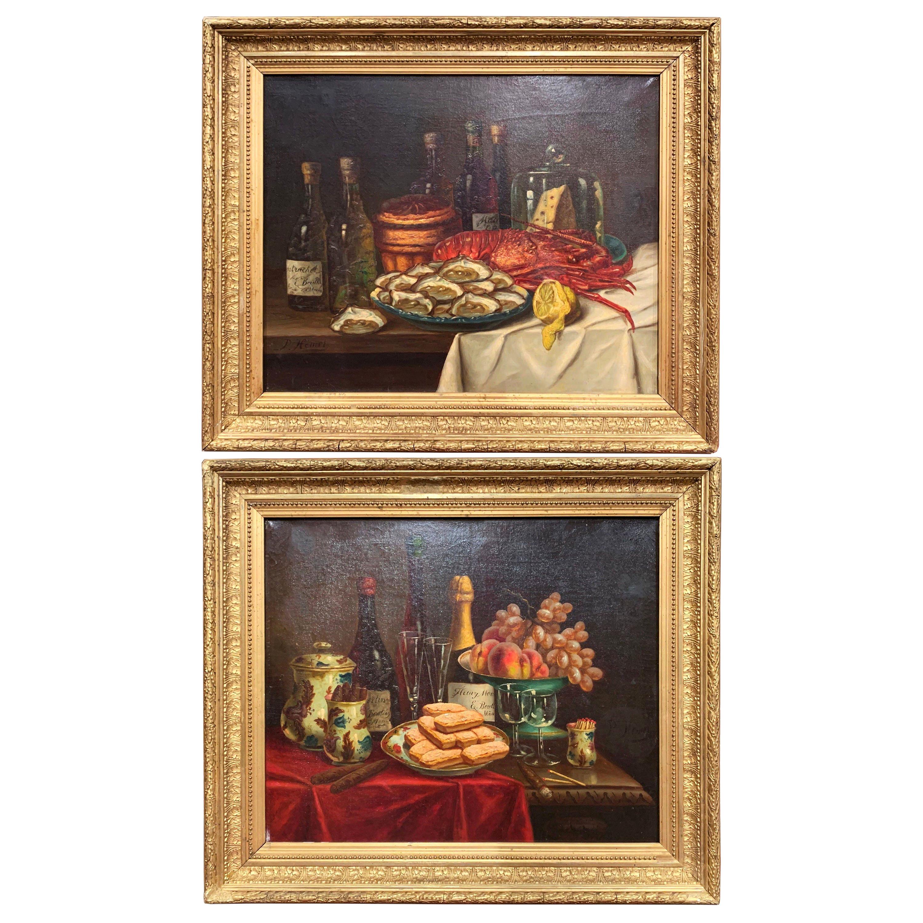 Paire de natures mortes françaises du 19ème siècle, peintures à l'huile dans des cadres dorés, avec ourlet signé