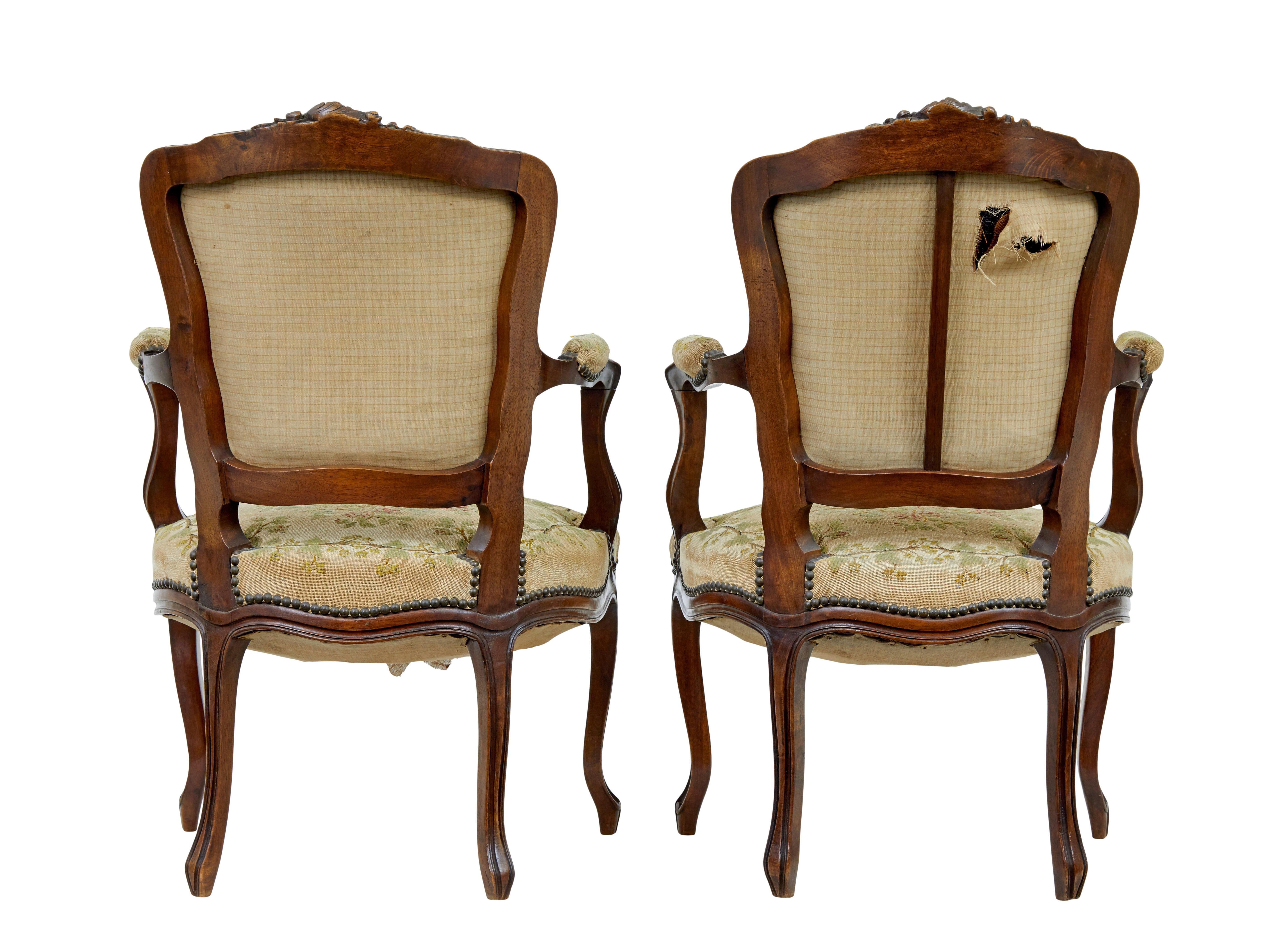 Carved Pair of 19th century French tapestry and walnut armchairs For Sale