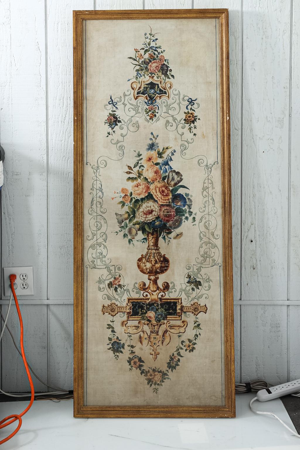 Pair of French tapestry decorative panels on linen with hand painted floral urn illustrations, circa 1880s. Please note of wear, minor fading, and minor paint loss to the pieces due to age. There is also evidence of minor losses to the frame. Made