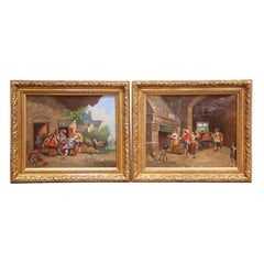Pair of 19th Century French Tavern Genre Scene Oil Paintings Signed H. Jonas