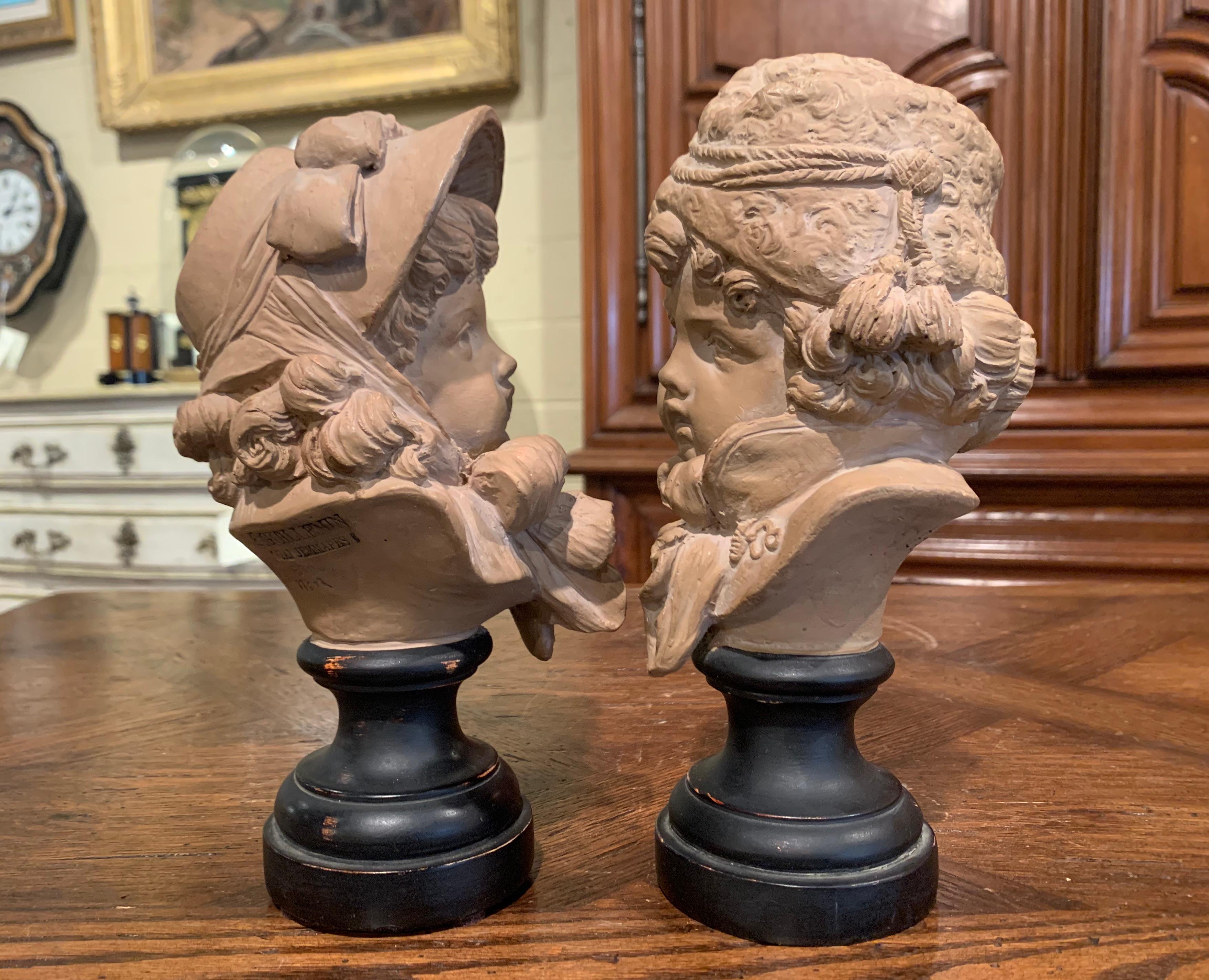 Hand-Carved Pair of 19th Century French Terracotta Busts of Children Signed E. Guillemin For Sale