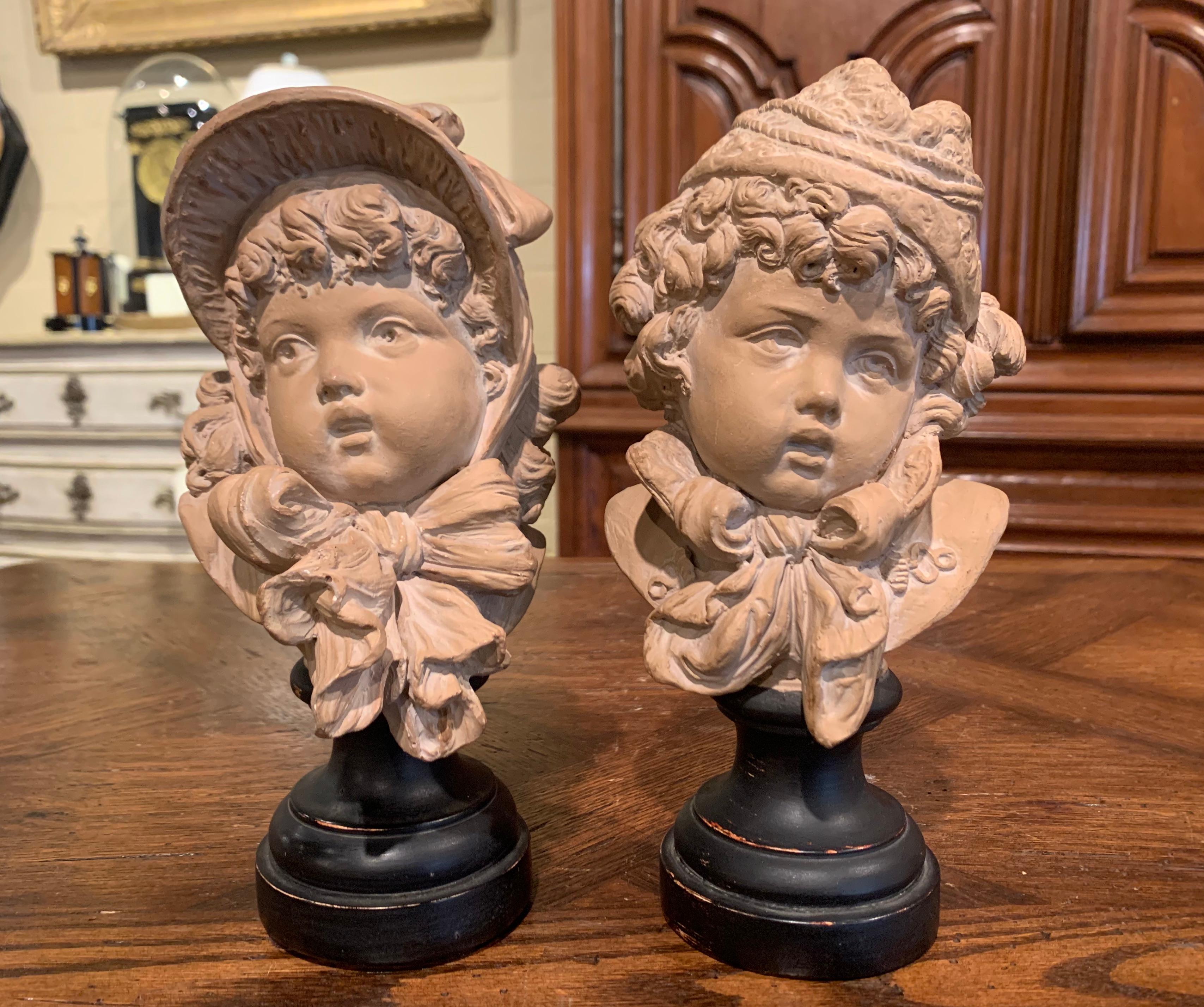 Pair of 19th Century French Terracotta Busts of Children Signed E. Guillemin In Excellent Condition For Sale In Dallas, TX