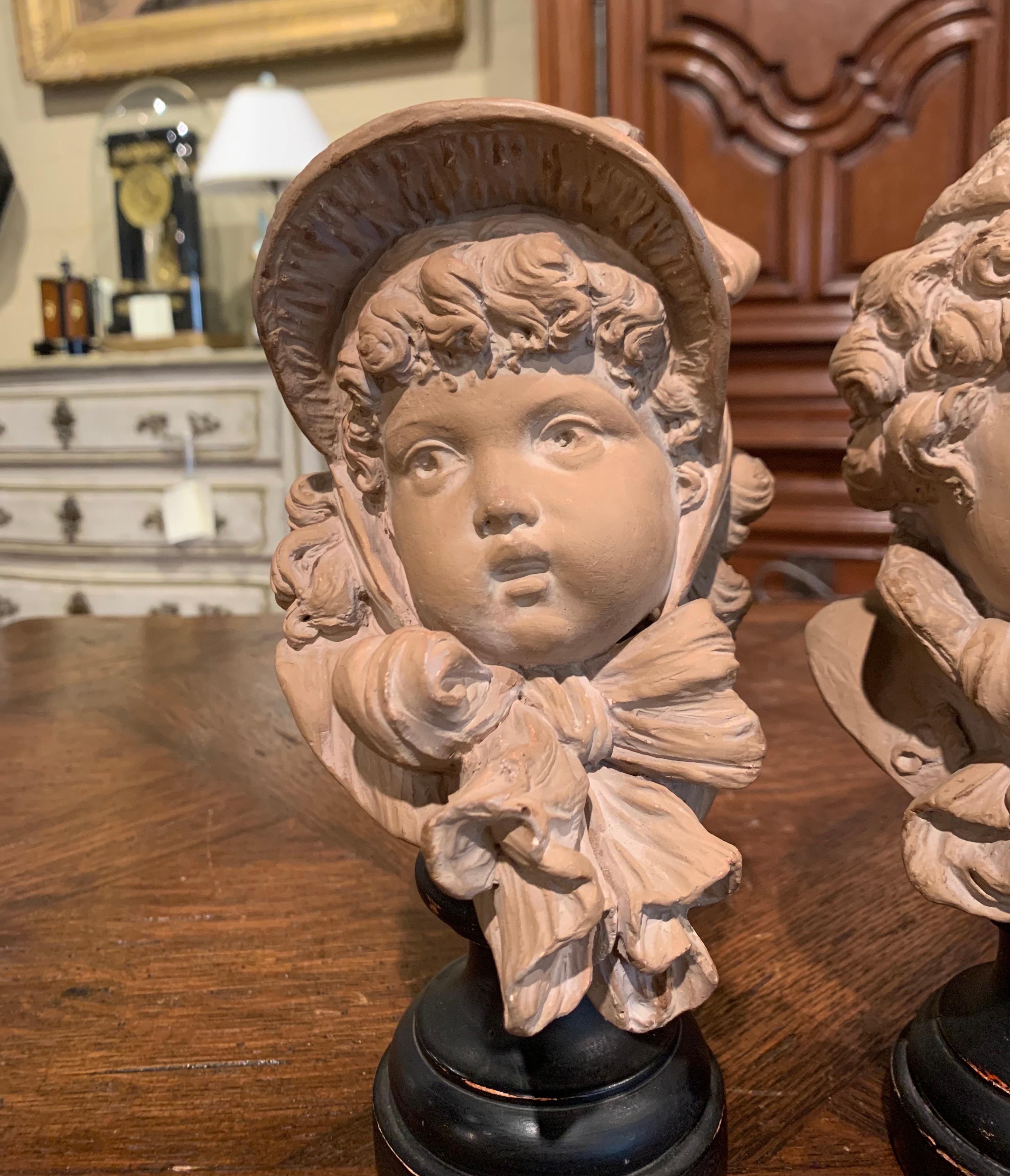 Pair of 19th Century French Terracotta Busts of Children Signed E. Guillemin For Sale 1