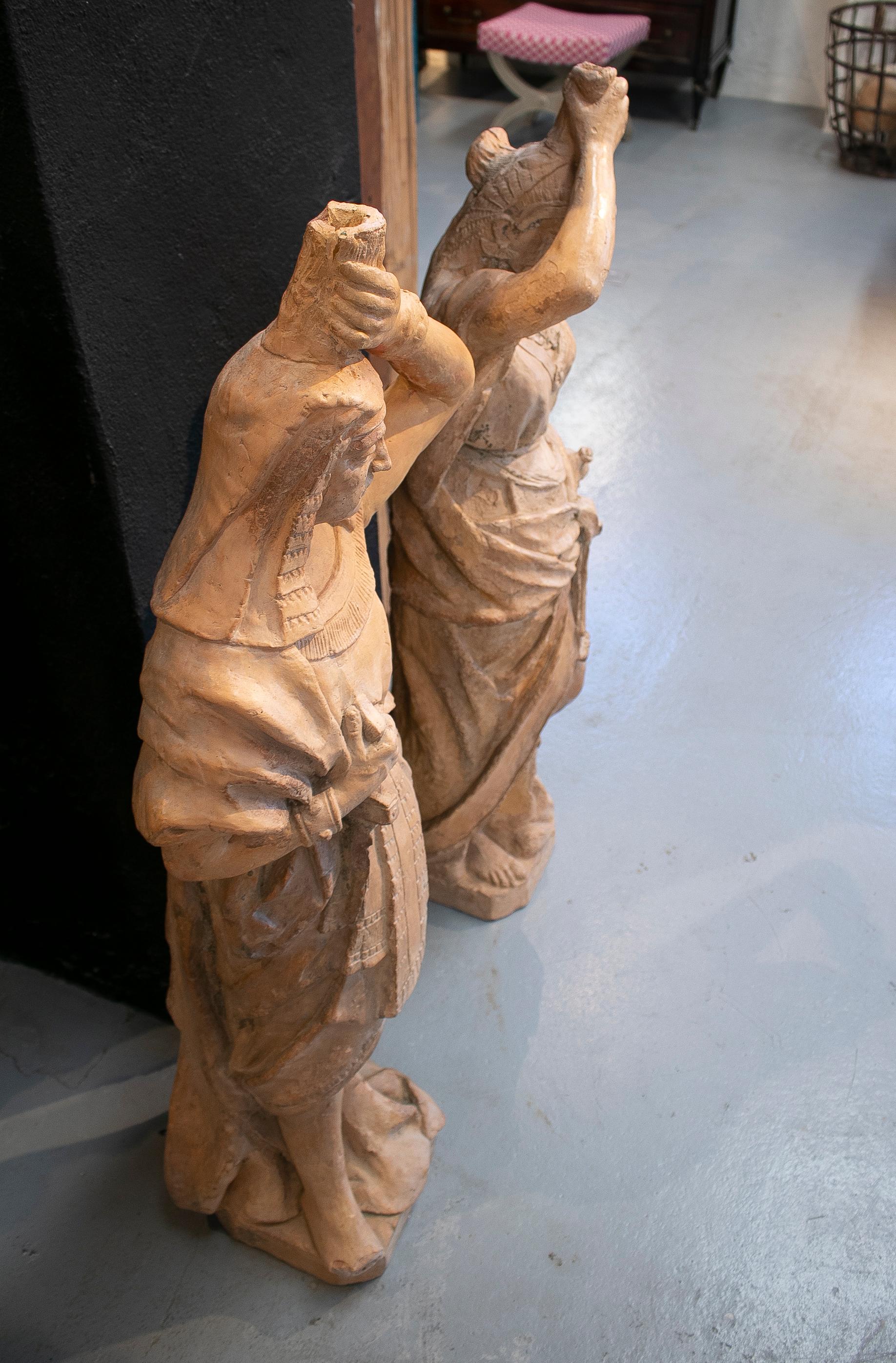 Pair of 19th Century French Terracotta Egyptian Couple Torcheres Standing Lamps For Sale 4