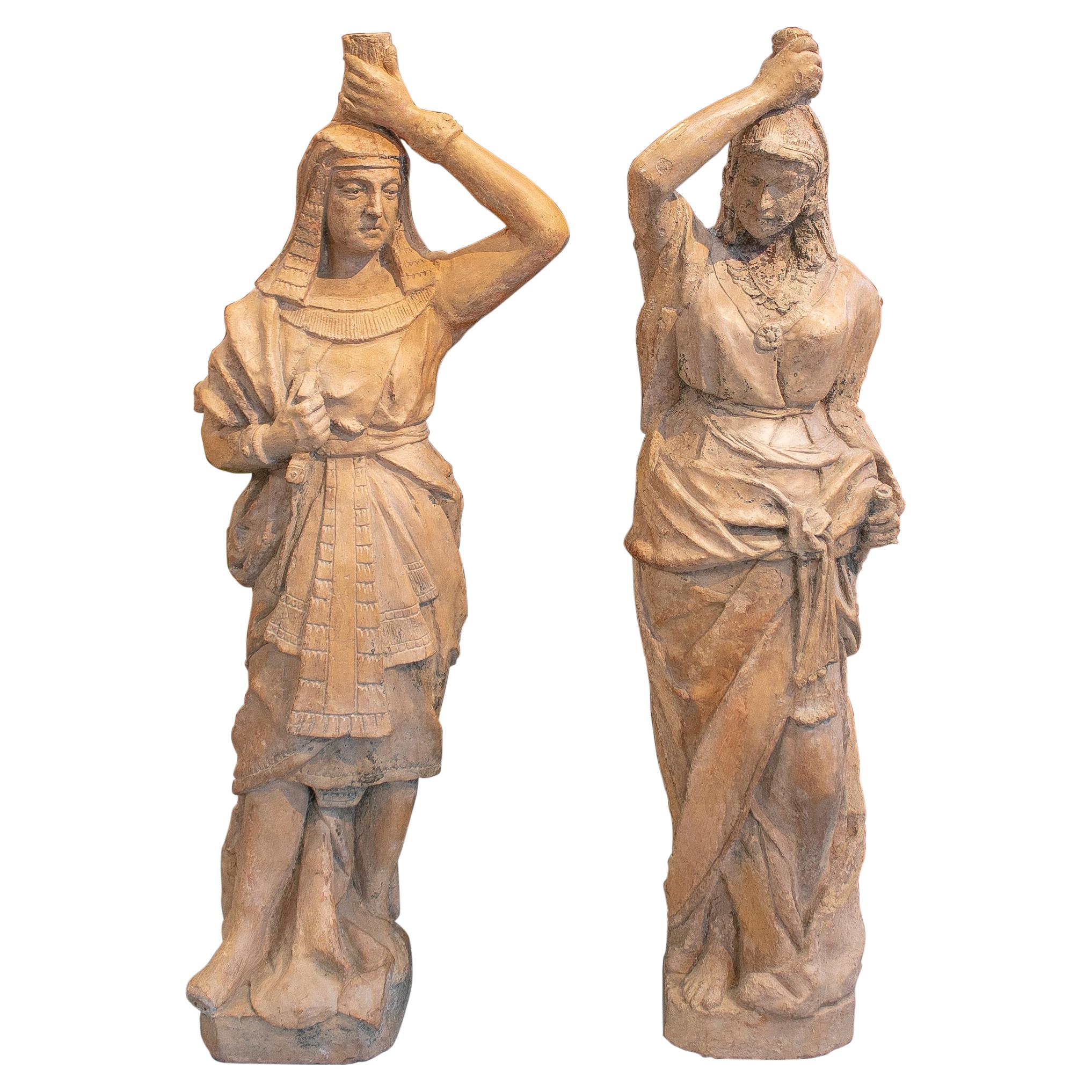 Pair of 19th Century French Terracotta Egyptian Couple Torcheres Standing Lamps