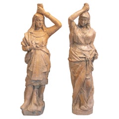 Pair of 19th Century French Terracotta Egyptian Couple Torcheres Standing Lamps