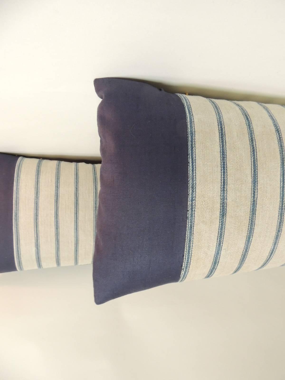 French Provincial Pair of French  Grain Sack Ticking Stripes Blue and Natural Bolster Pillows