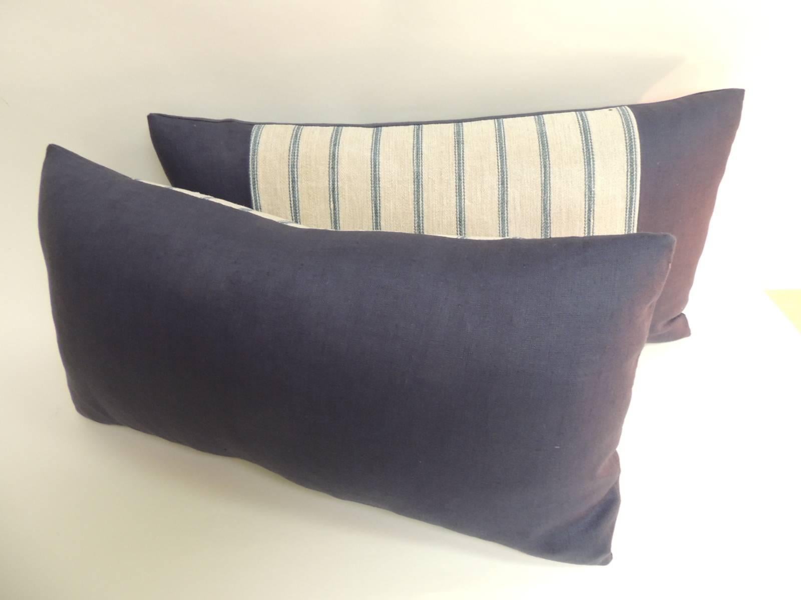 Hand-Crafted Pair of French  Grain Sack Ticking Stripes Blue and Natural Bolster Pillows