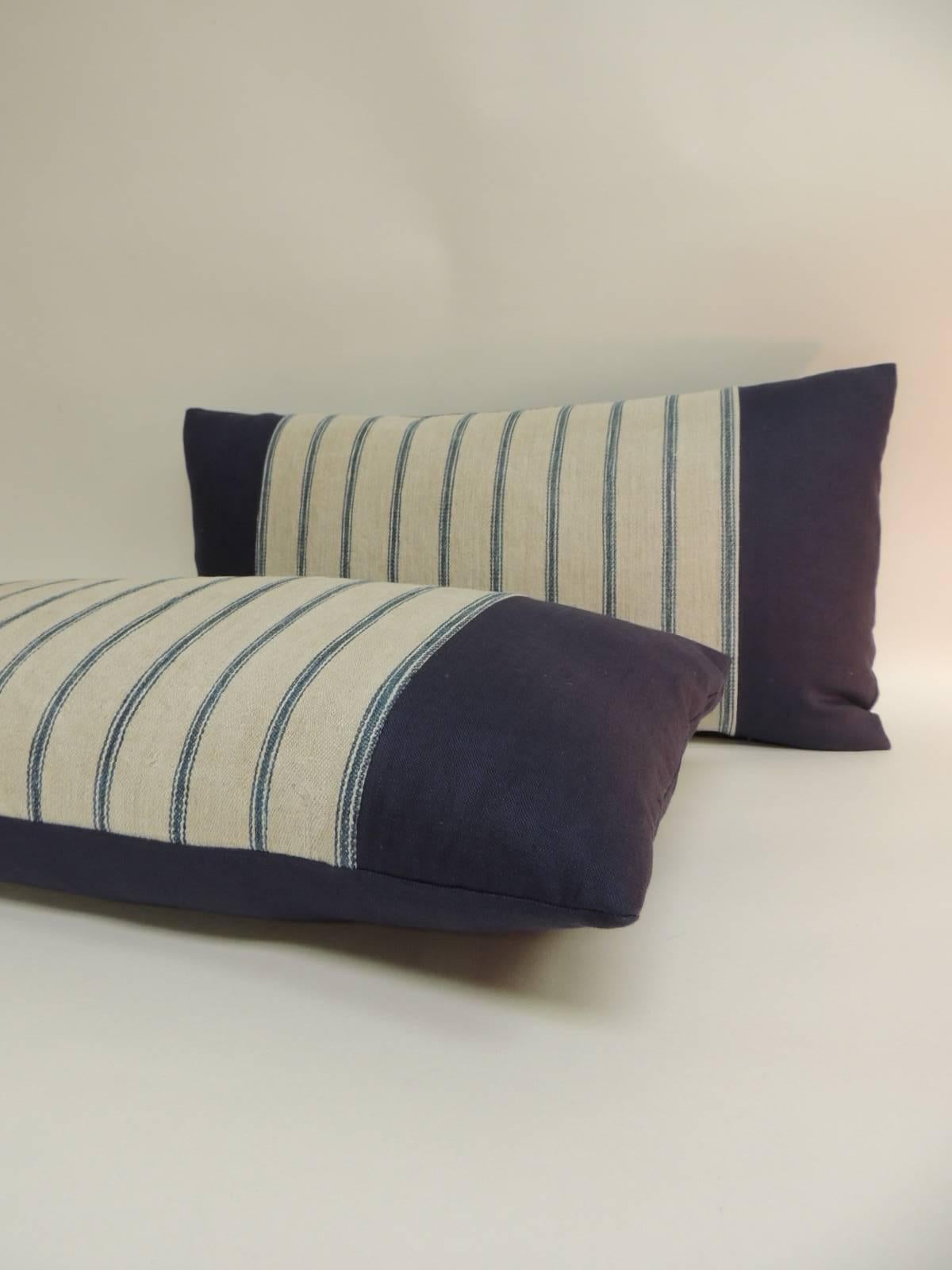 Pair of French  Grain Sack Ticking Stripes Blue and Natural Bolster Pillows In Good Condition In Oakland Park, FL