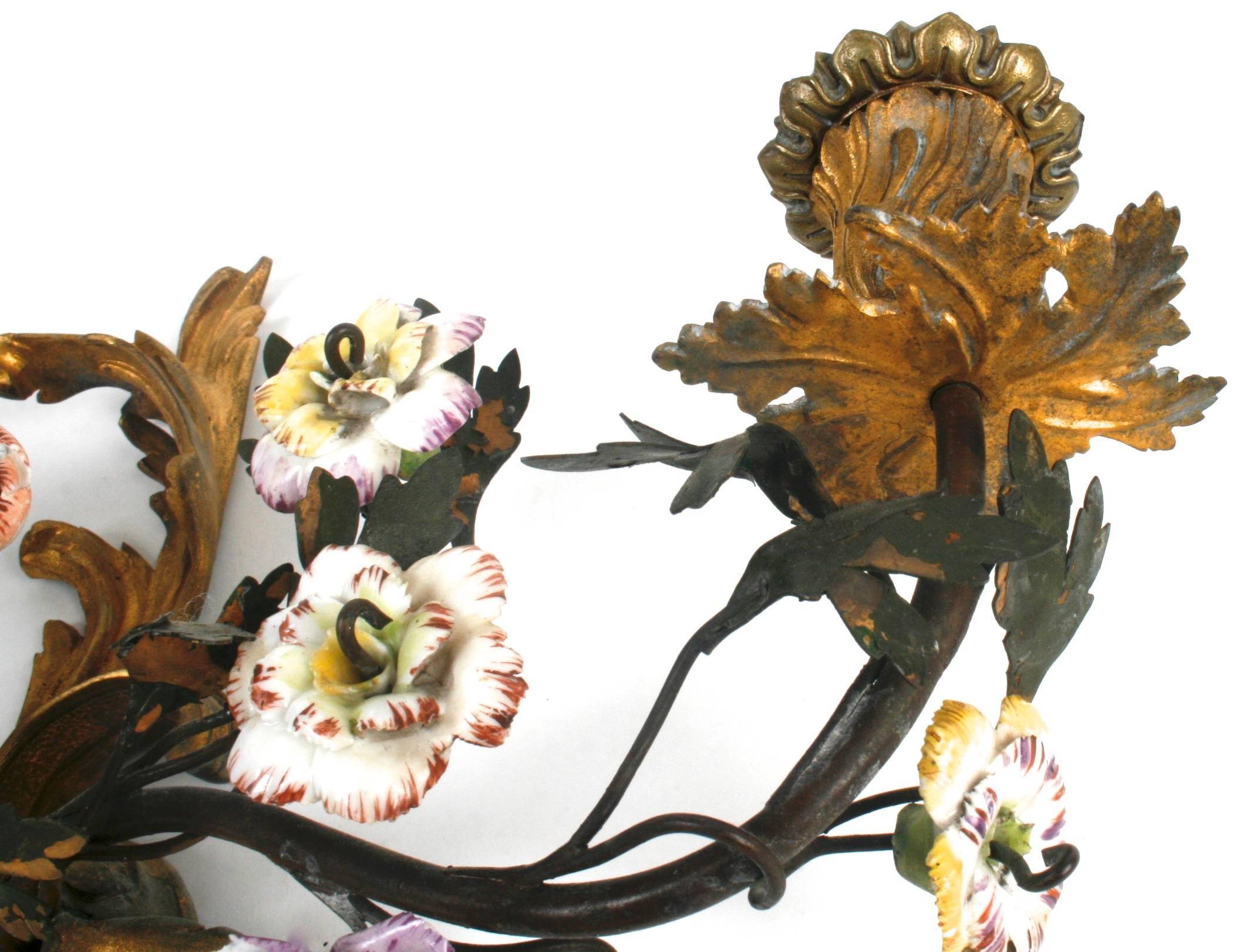 Pair of 19th Century French Tôle and Gilt Bronze Sconces with Faience Flowers 5