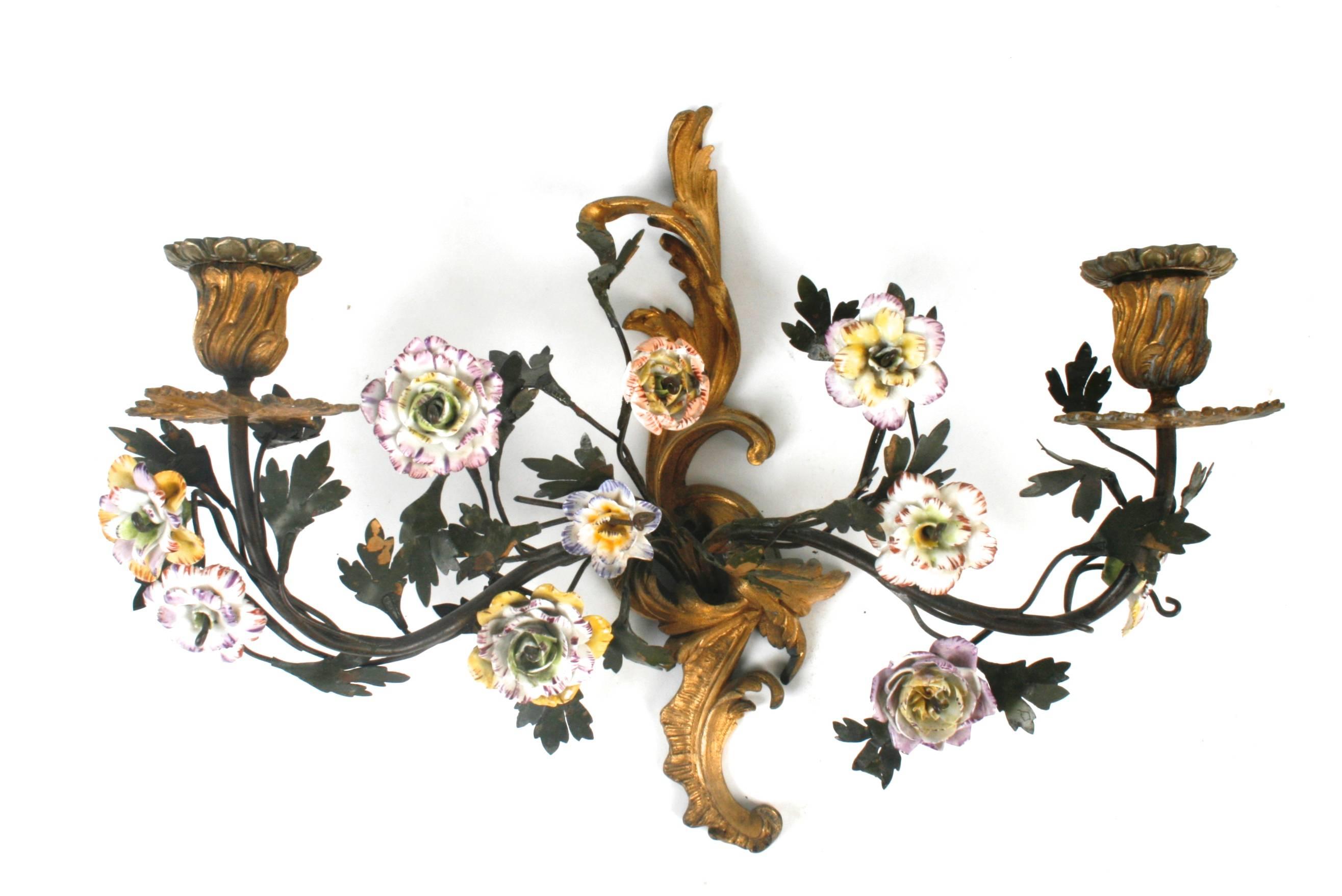 Hand-Painted Pair of 19th Century French Tôle and Gilt Bronze Sconces with Faience Flowers