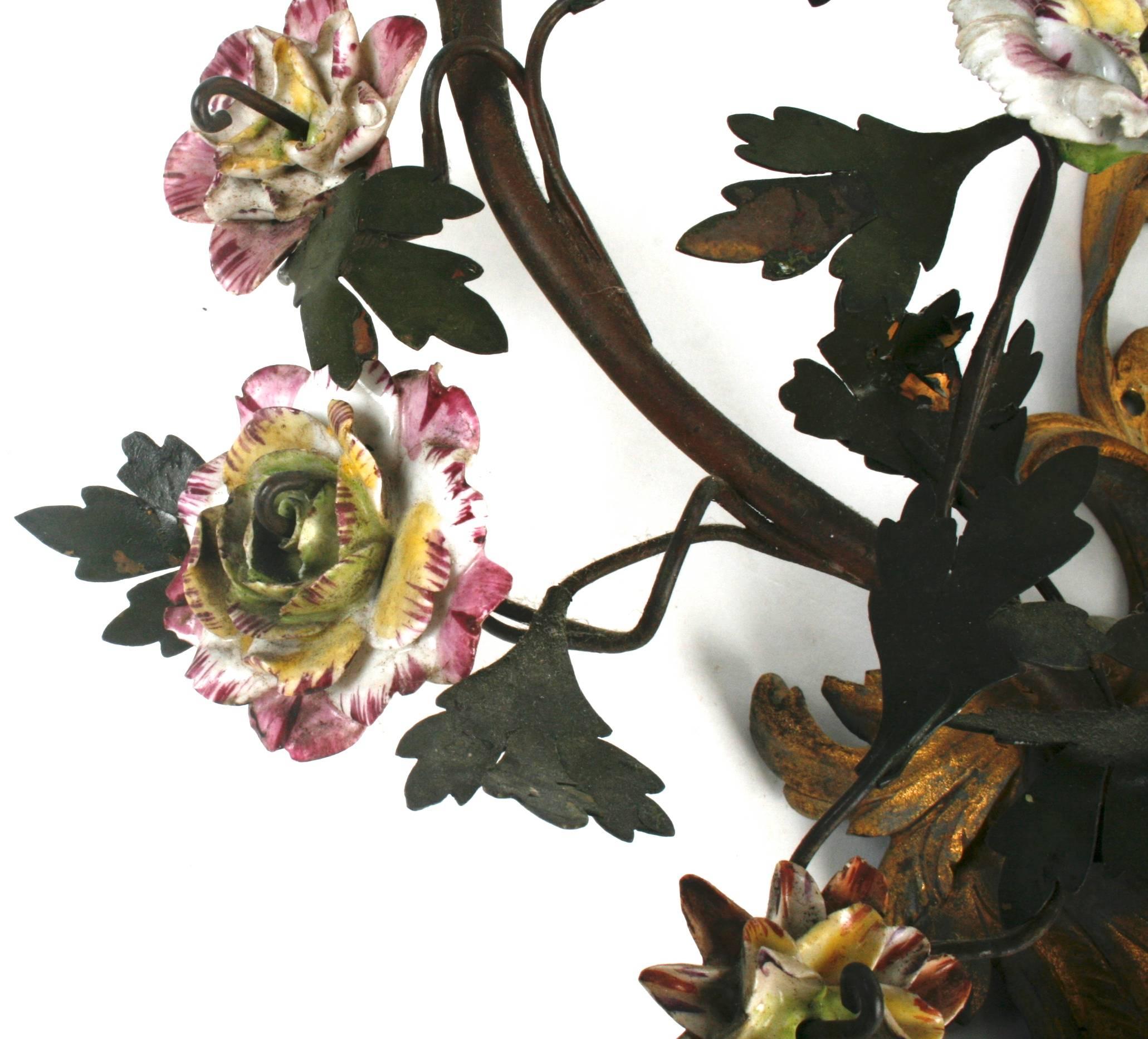 Porcelain Pair of 19th Century French Tôle and Gilt Bronze Sconces with Faience Flowers