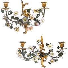 Antique Pair of 19th Century French Tôle and Gilt Bronze Sconces with Faience Flowers