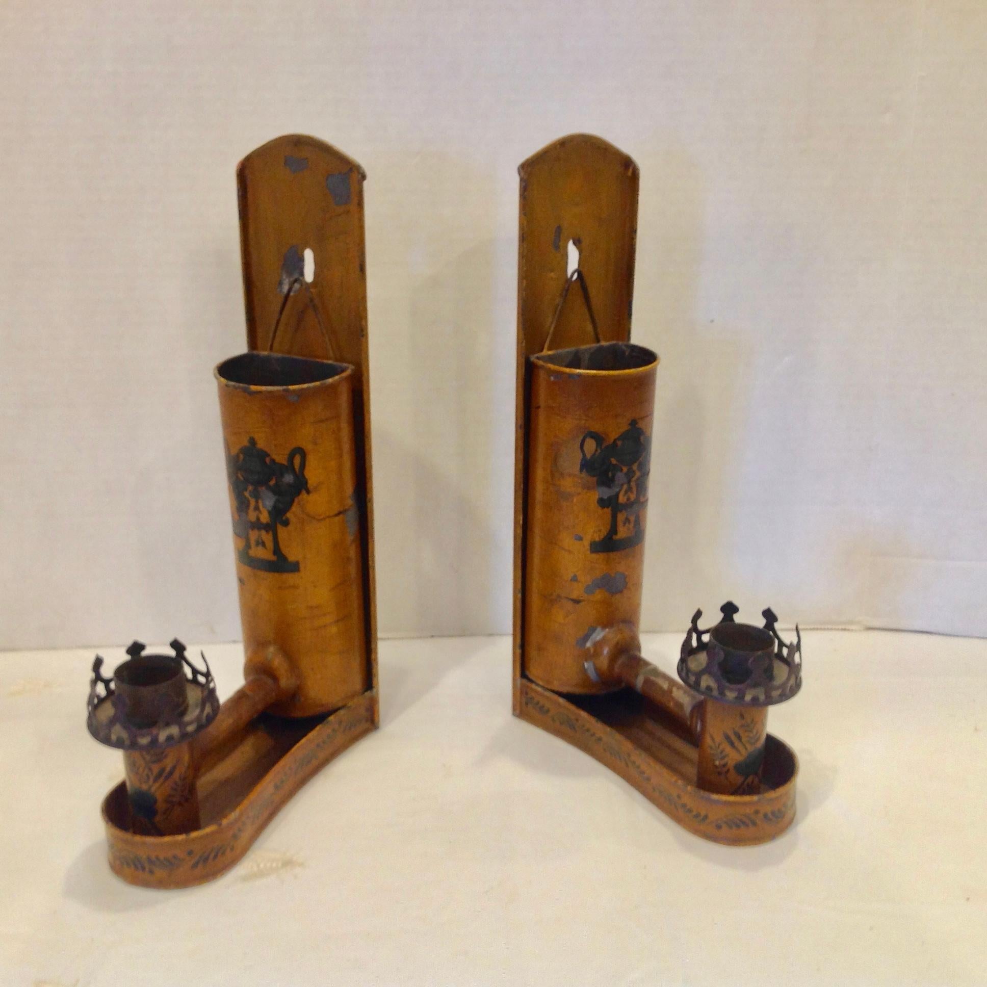 Rare wall mount variety with separate attachments for tabletop use.
They are hand painted with neoclassic themes.