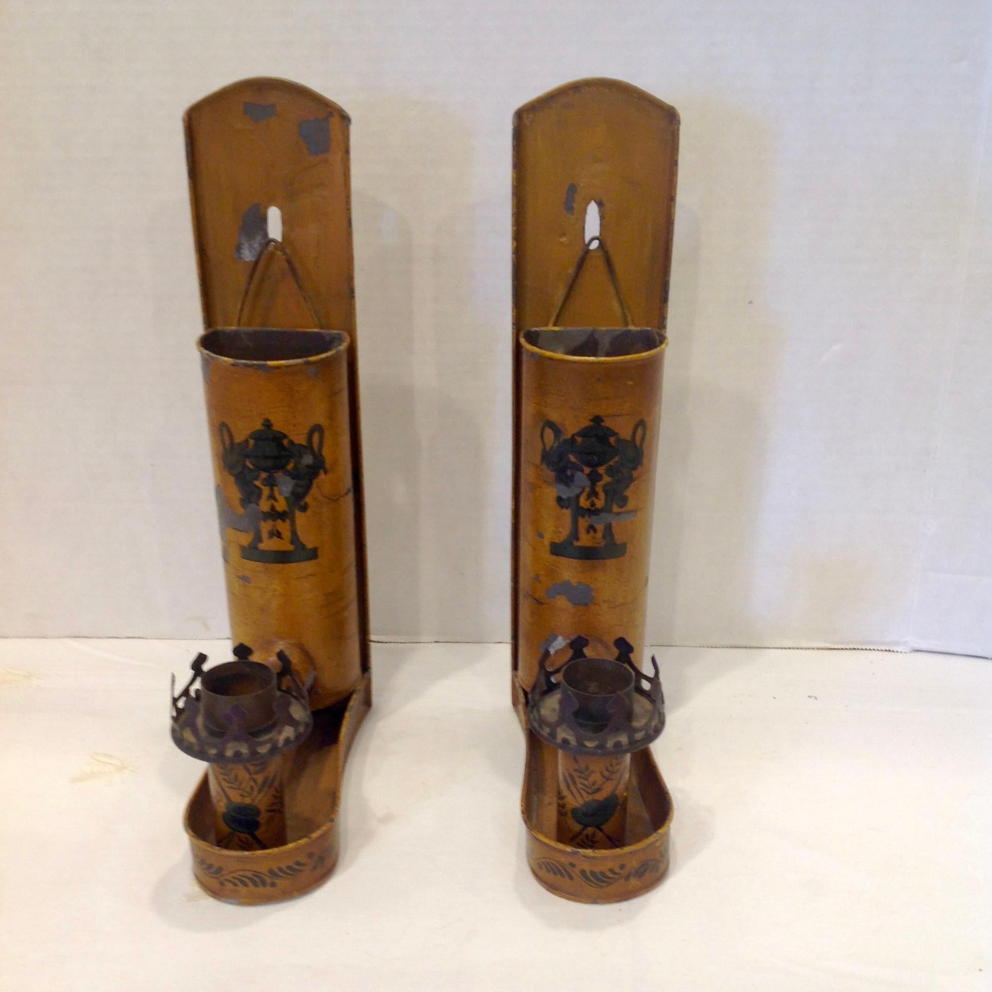 Painted Pair of 19th Century French Tole Sconces / Wall Pockets