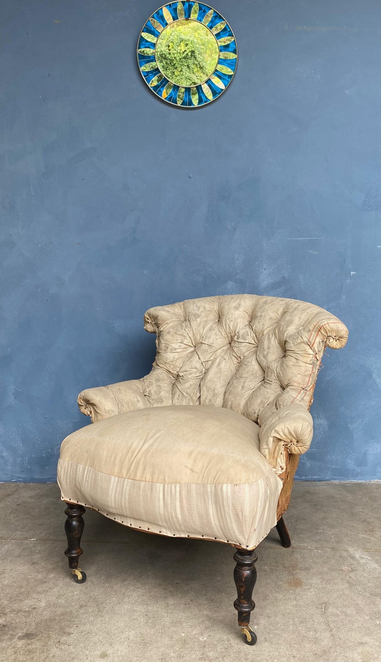 Napoleon III Pair of 19th Century French Tufted Armchairs in Muslin