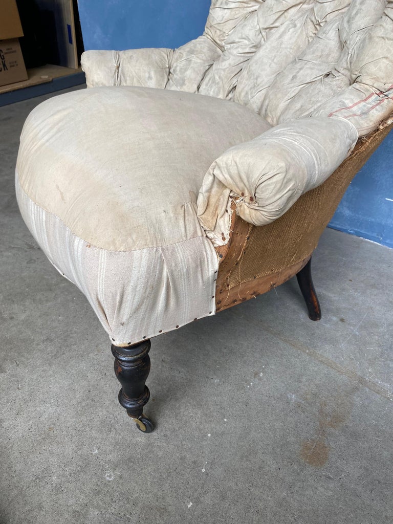 Pair of 19th Century French Tufted Armchairs in Muslin 6