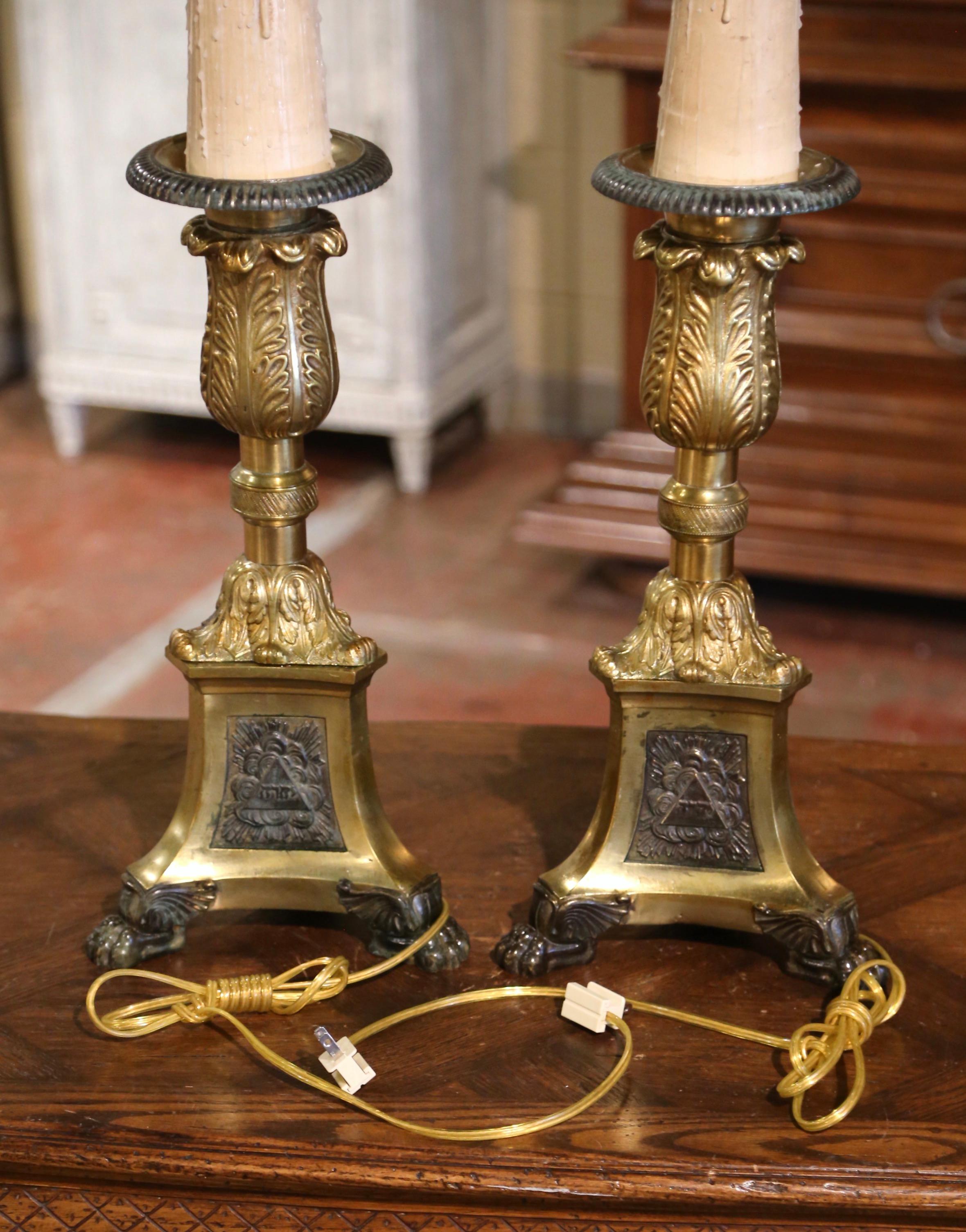 Pair of 19th Century French Two-Tone Brass Candlesticks Table Lamps with Shades 5