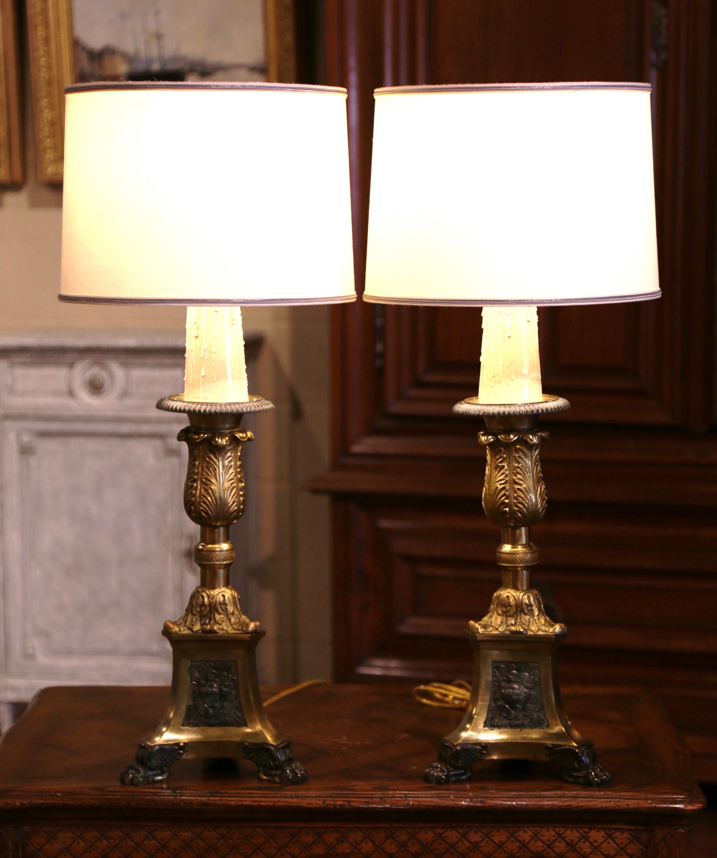 Baroque Pair of 19th Century French Two-Tone Brass Candlesticks Table Lamps with Shades