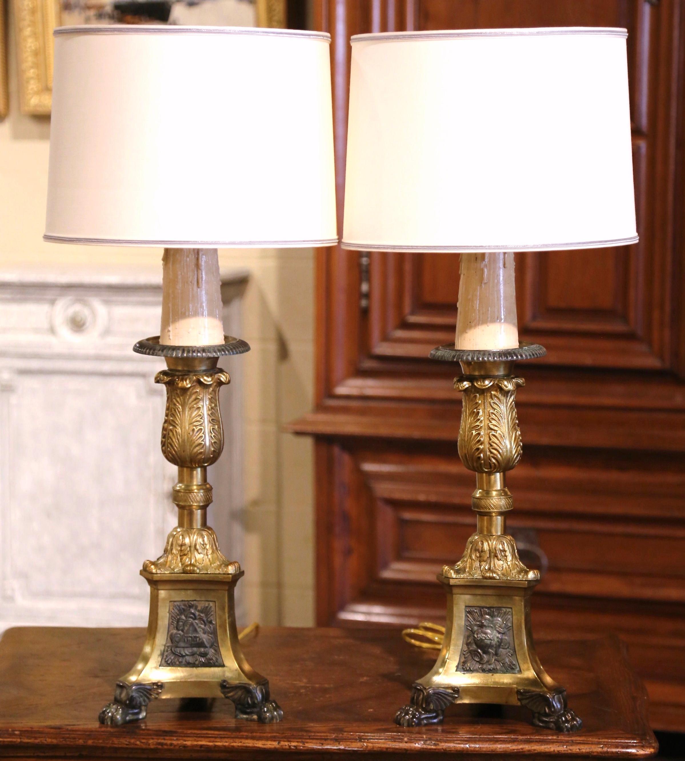 Hand-Crafted Pair of 19th Century French Two-Tone Brass Candlesticks Table Lamps with Shades